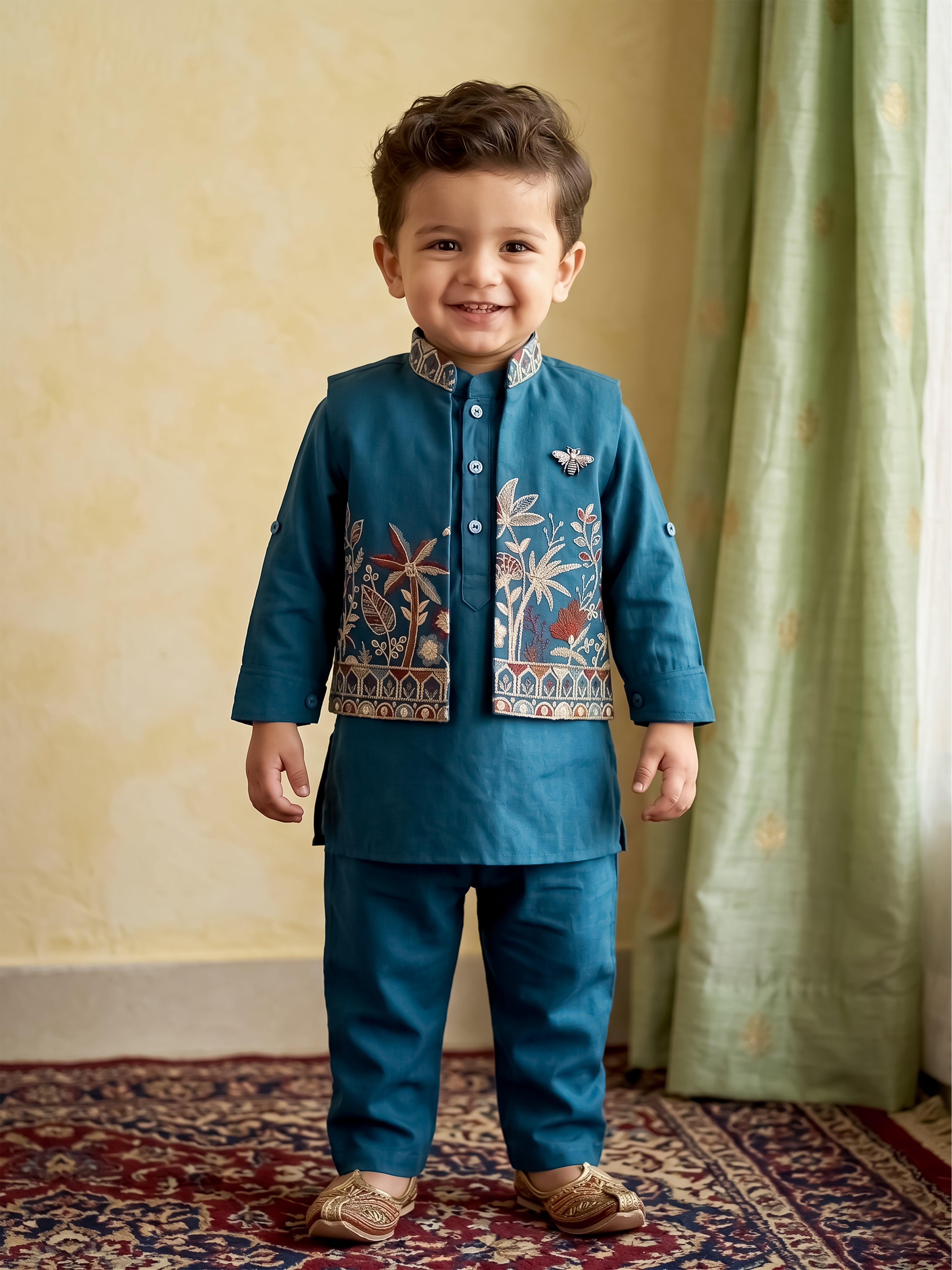 Kids Festive Embroidered Kurta Set with Roll-Up Sleeves
