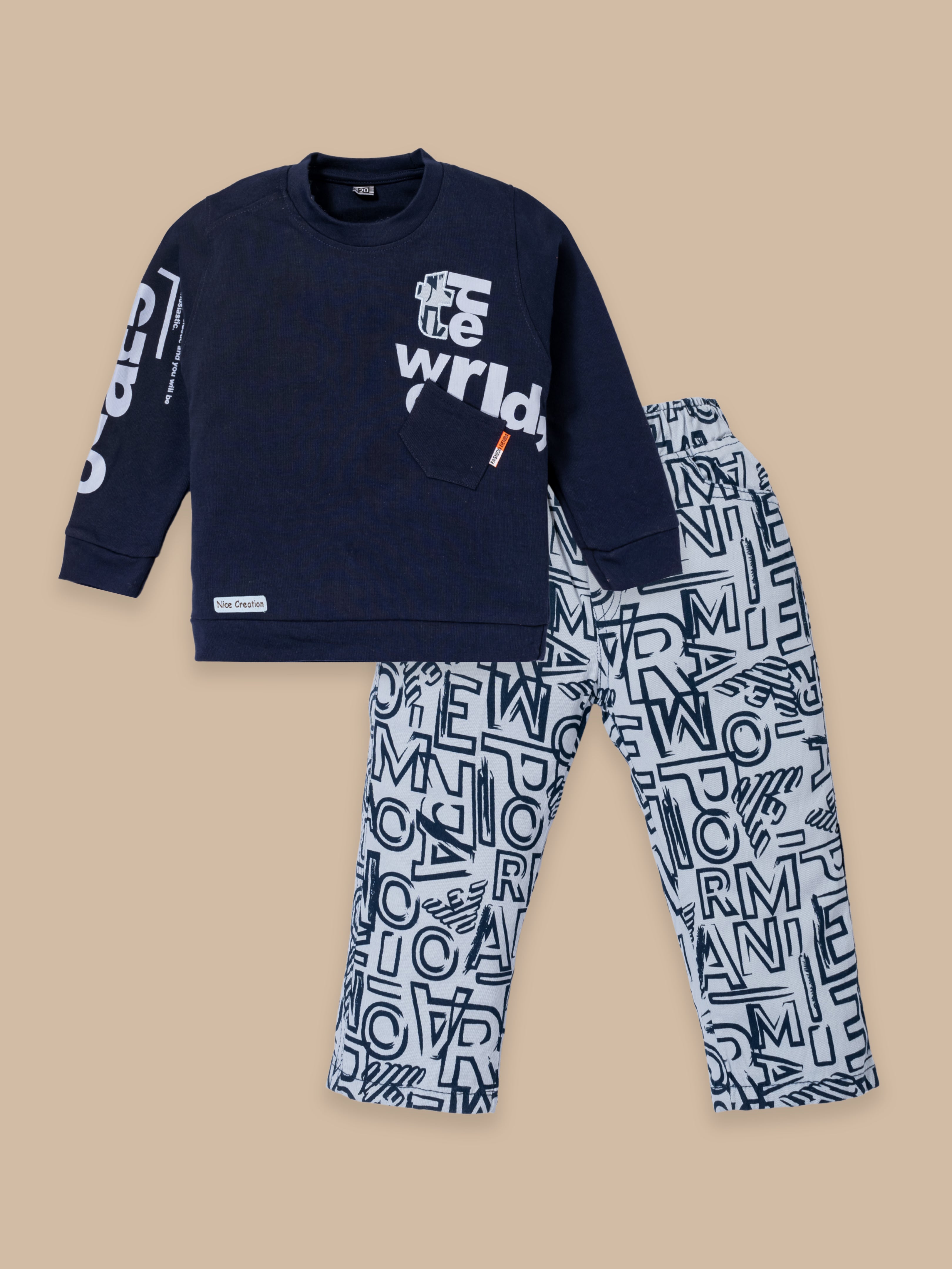 Boys Winter Outfit Set – Warm Sweatshirt & Pant | Navy & Brown