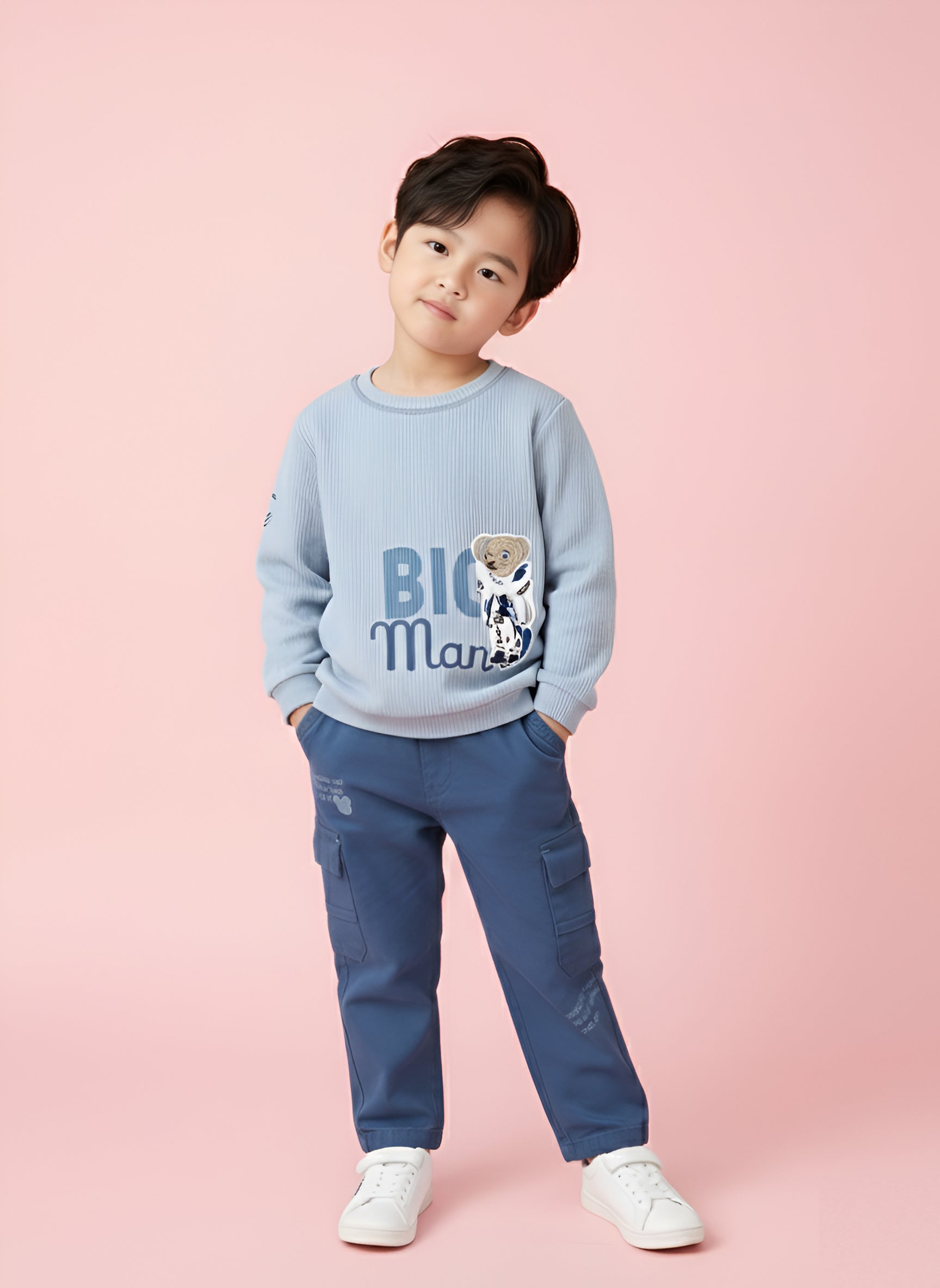 Boys Winter Outfit Set – Warm Sweatshirt & Thick Cargo Pants | Blue & Orange
