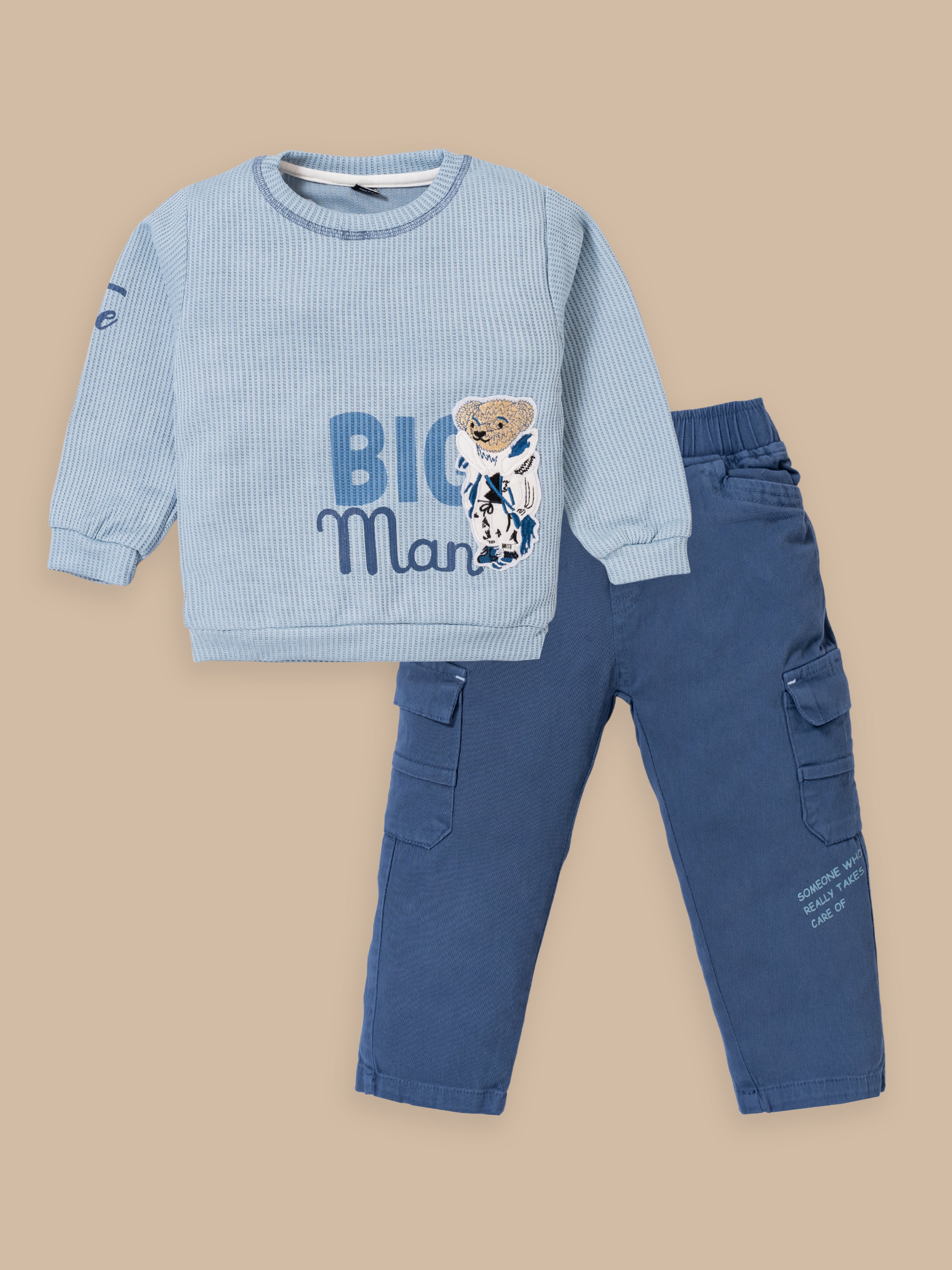 Boys Winter Outfit Set – Warm Sweatshirt & Thick Cargo Pants | Blue & Orange