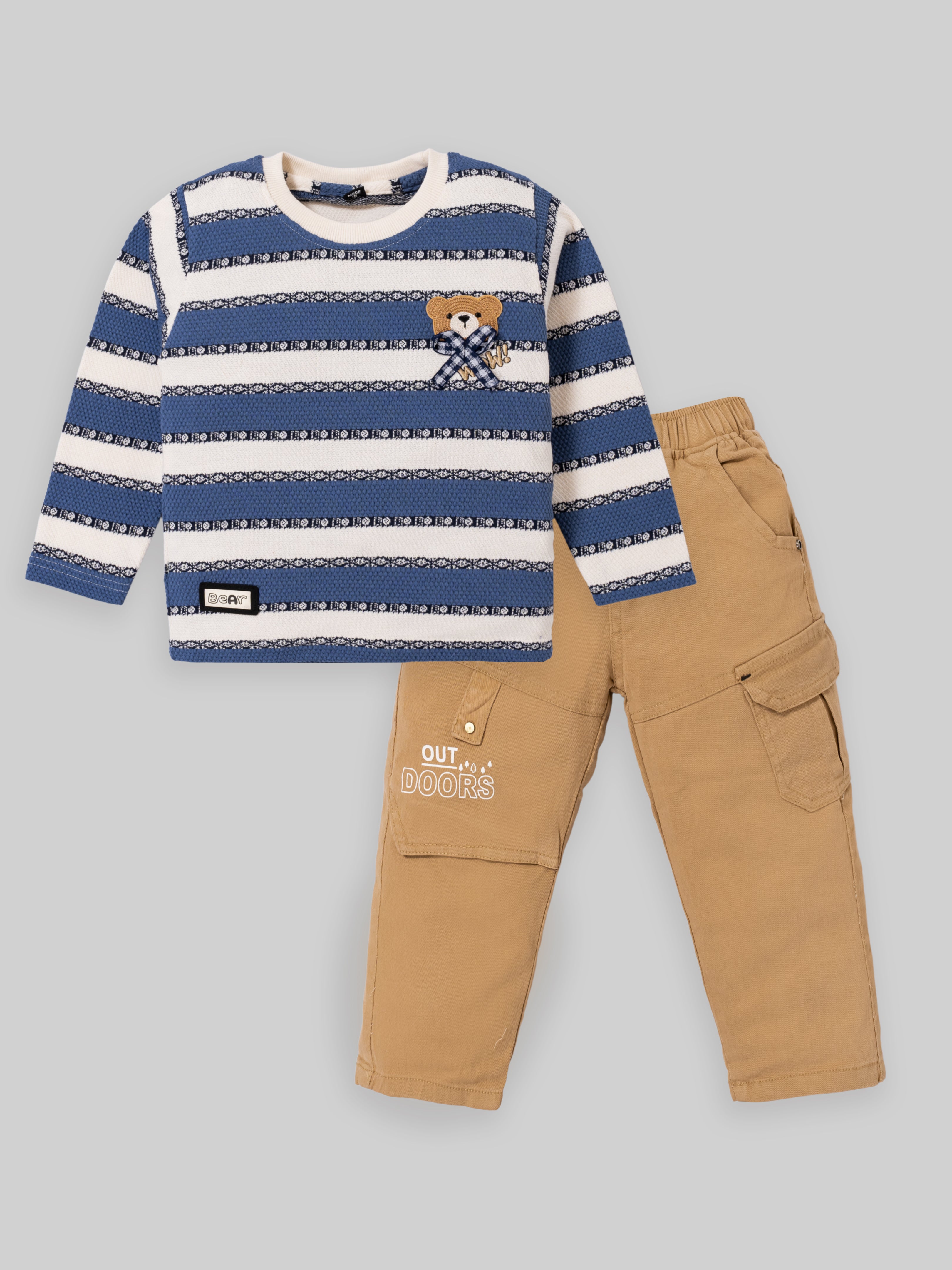 Stripe Pattern Sweater Trendy Boys Casual Clothing Set | Brown & Blue