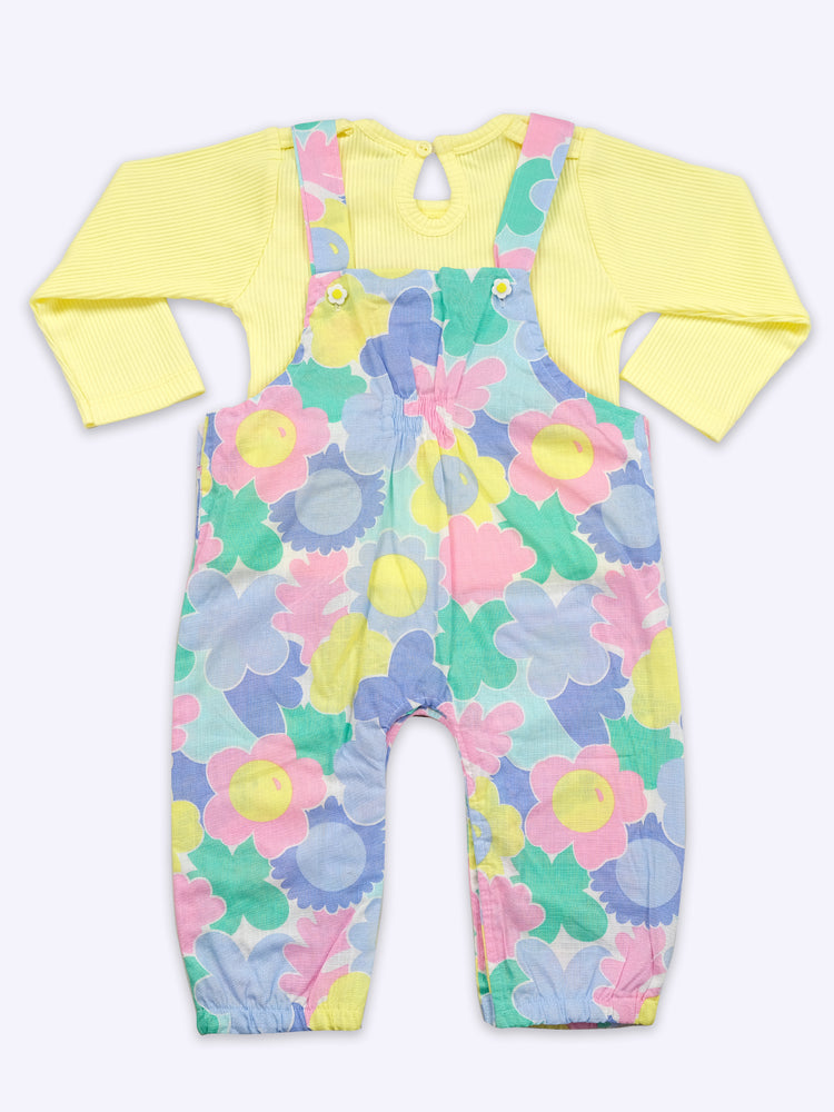 Girls Floral Printed Cotton Dungarees And T-Shirt