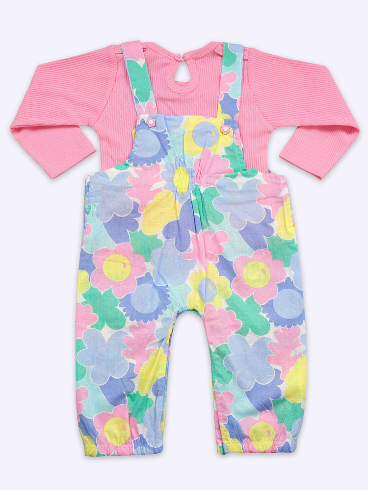 Girls Floral Printed Cotton Dungarees And T-Shirt