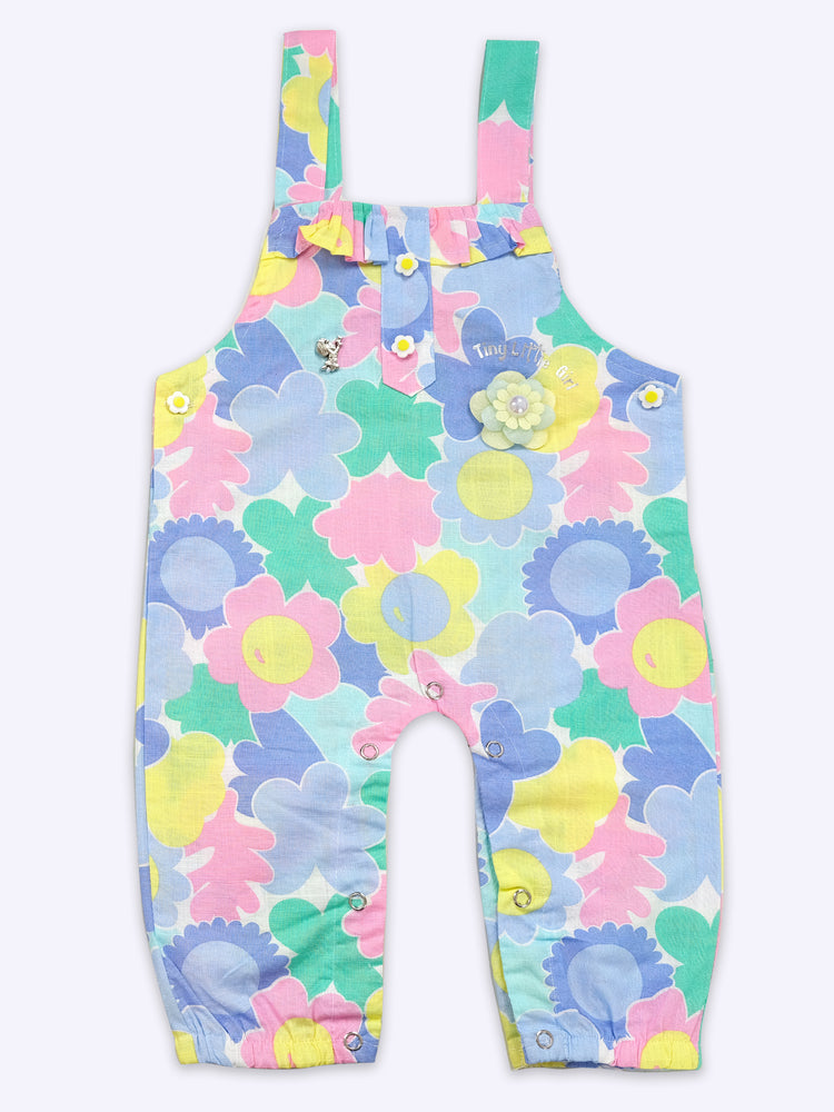 Girls Floral Printed Cotton Dungarees And T-Shirt