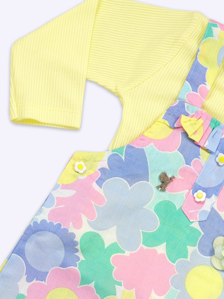 Girls Floral Printed Cotton Dungarees And T-Shirt
