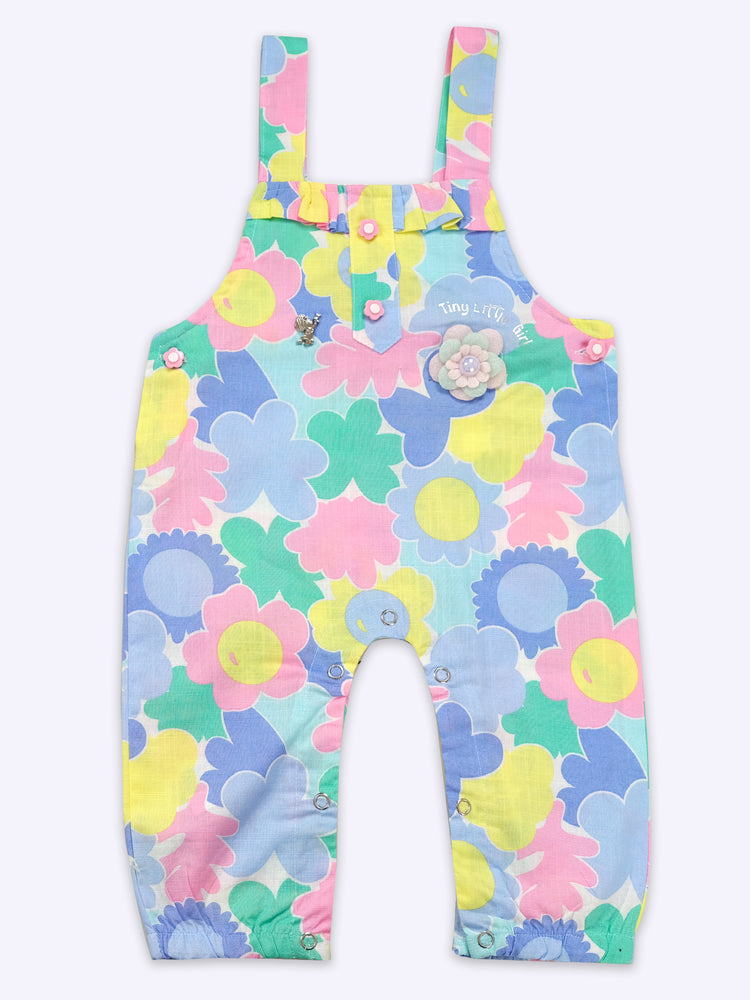 Girls Floral Printed Cotton Dungarees And T-Shirt