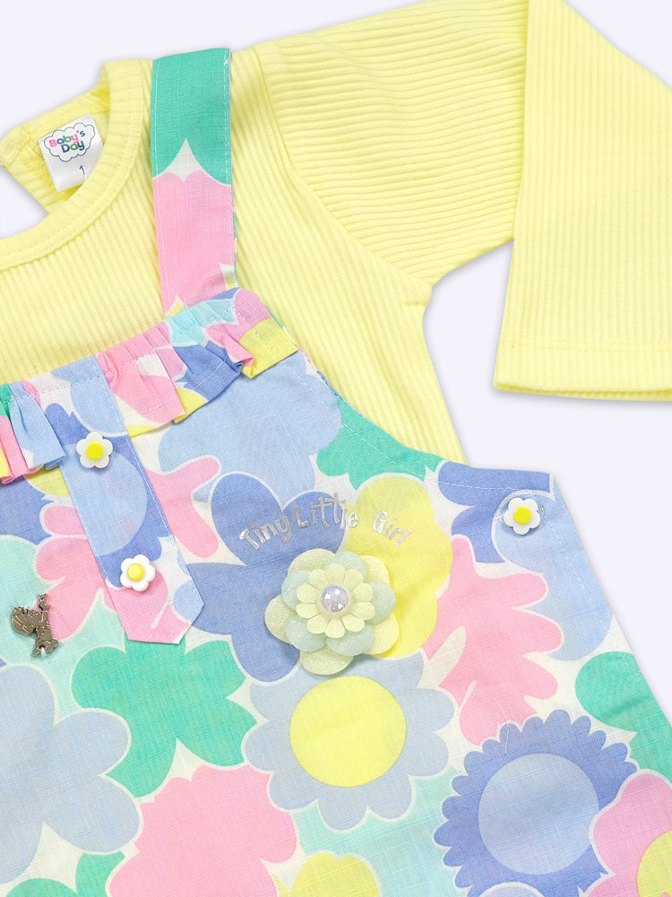 Girls Floral Printed Cotton Dungarees And T-Shirt