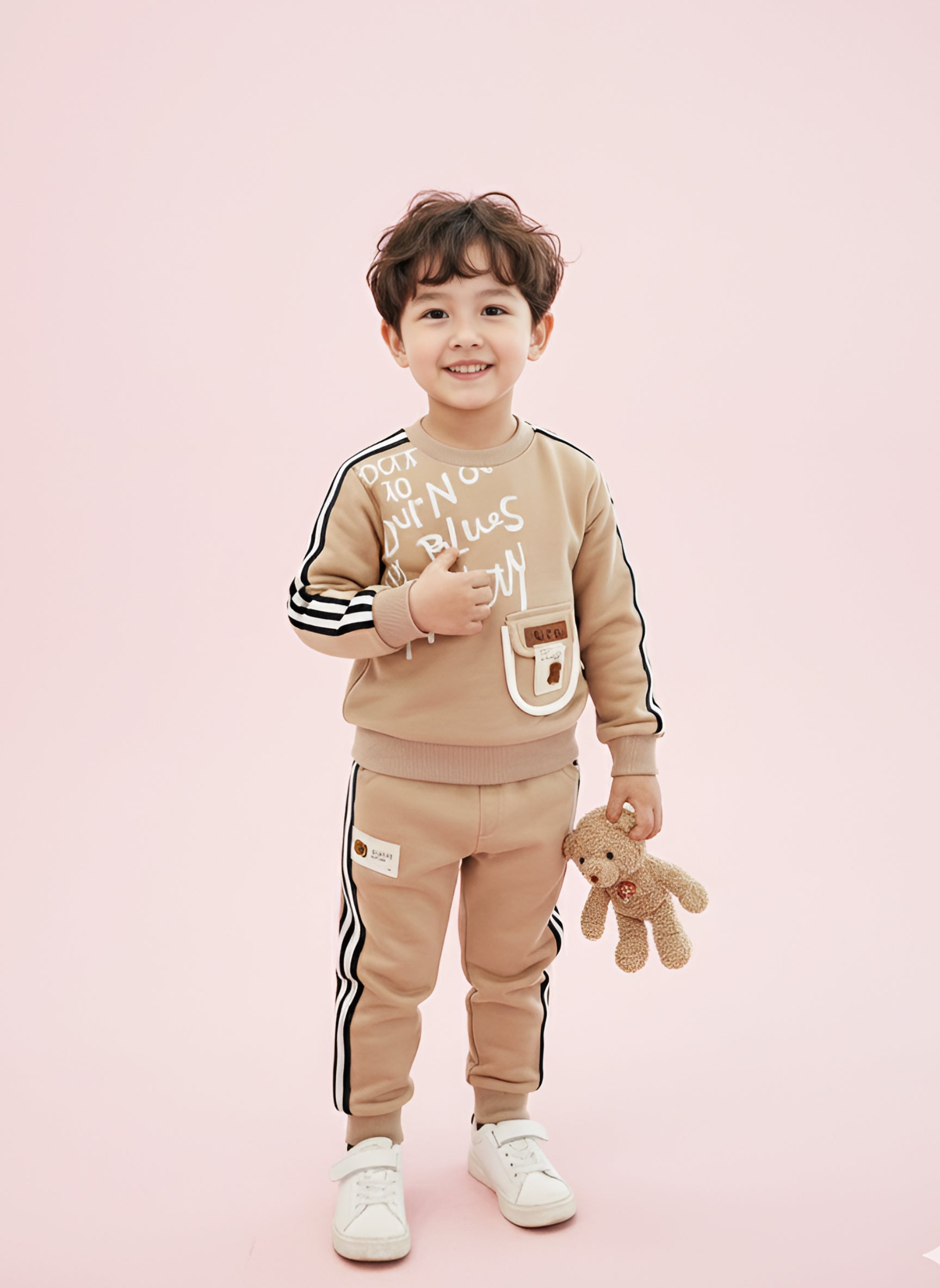 Trendy Kids Tracksuit Set – Printed Sweatshirt with Pocket & Striped Joggers | Beige & Blue