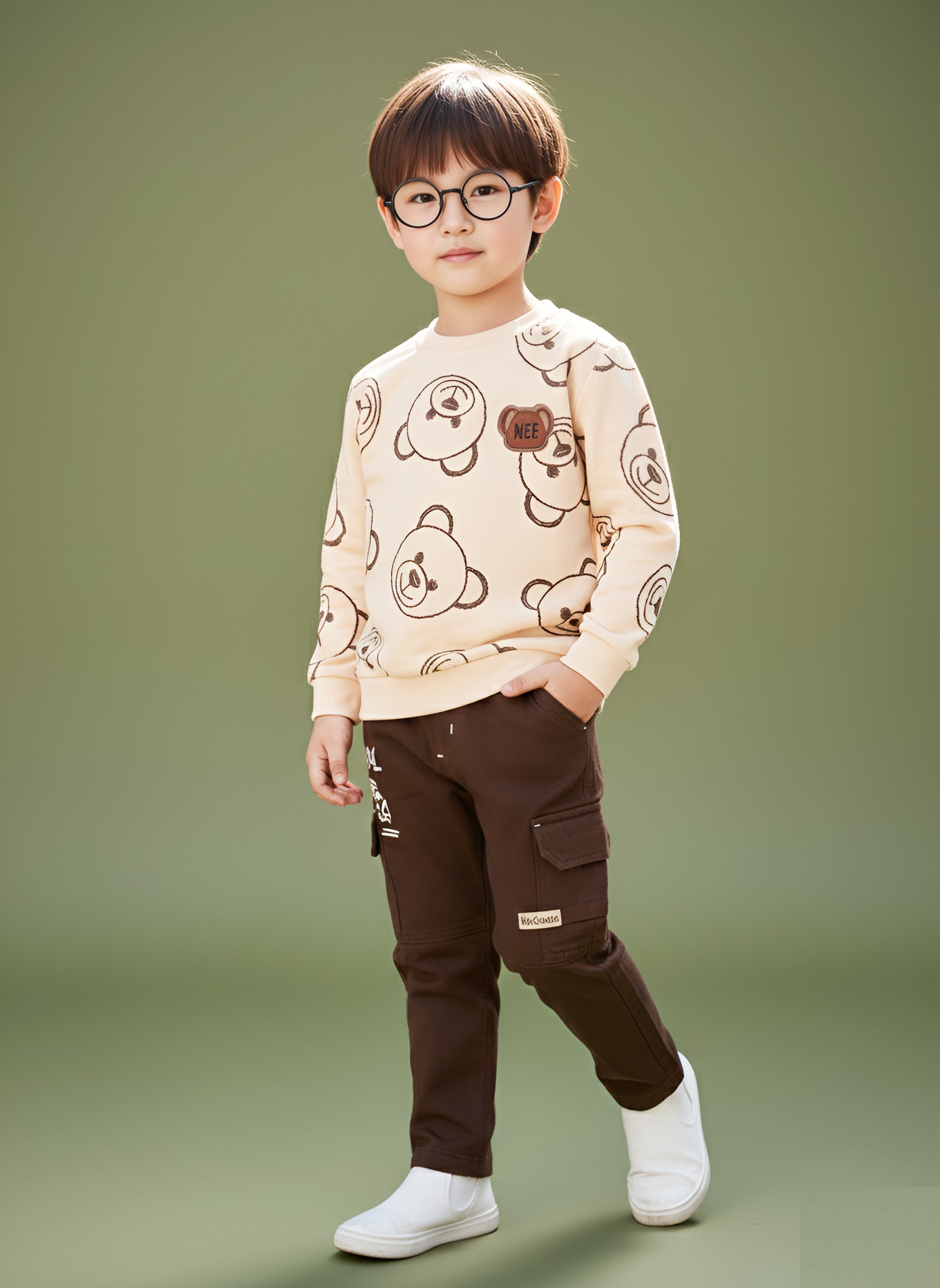 Boys Teddy Bear Printed Sweatshirt & Cargo Pants Set | Cream & Orange