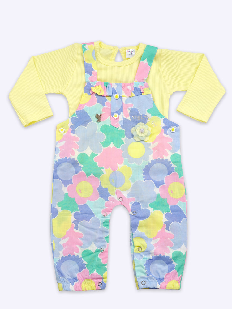 Girls Floral Printed Cotton Dungarees And T-Shirt