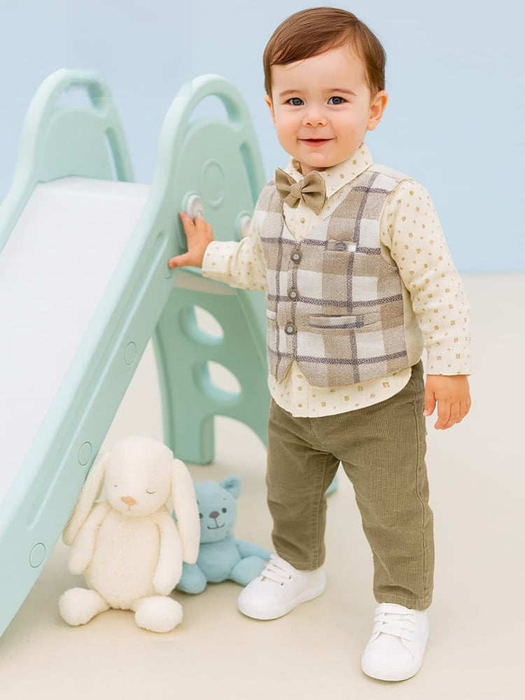 TINY TUX Shirt Waistcoat & Pant Set With Applique Bow