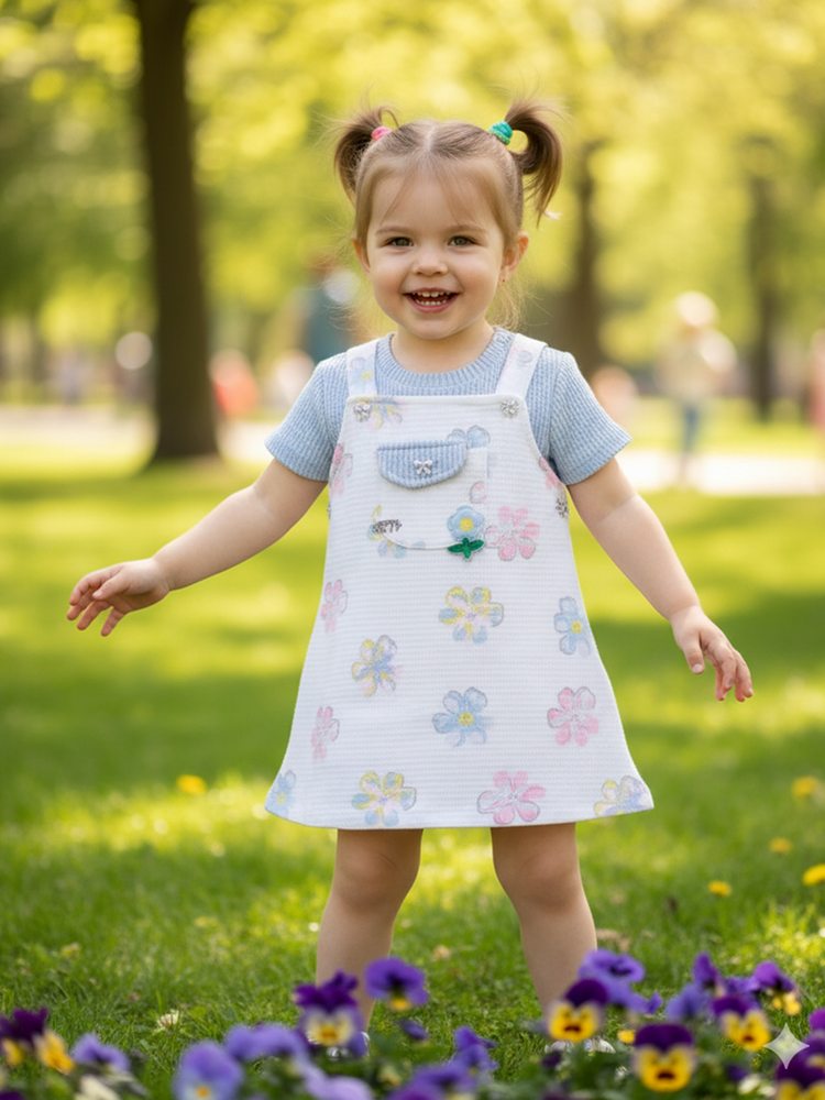 KETI MINI Baby Girls Cotton Dungaree and Top Set