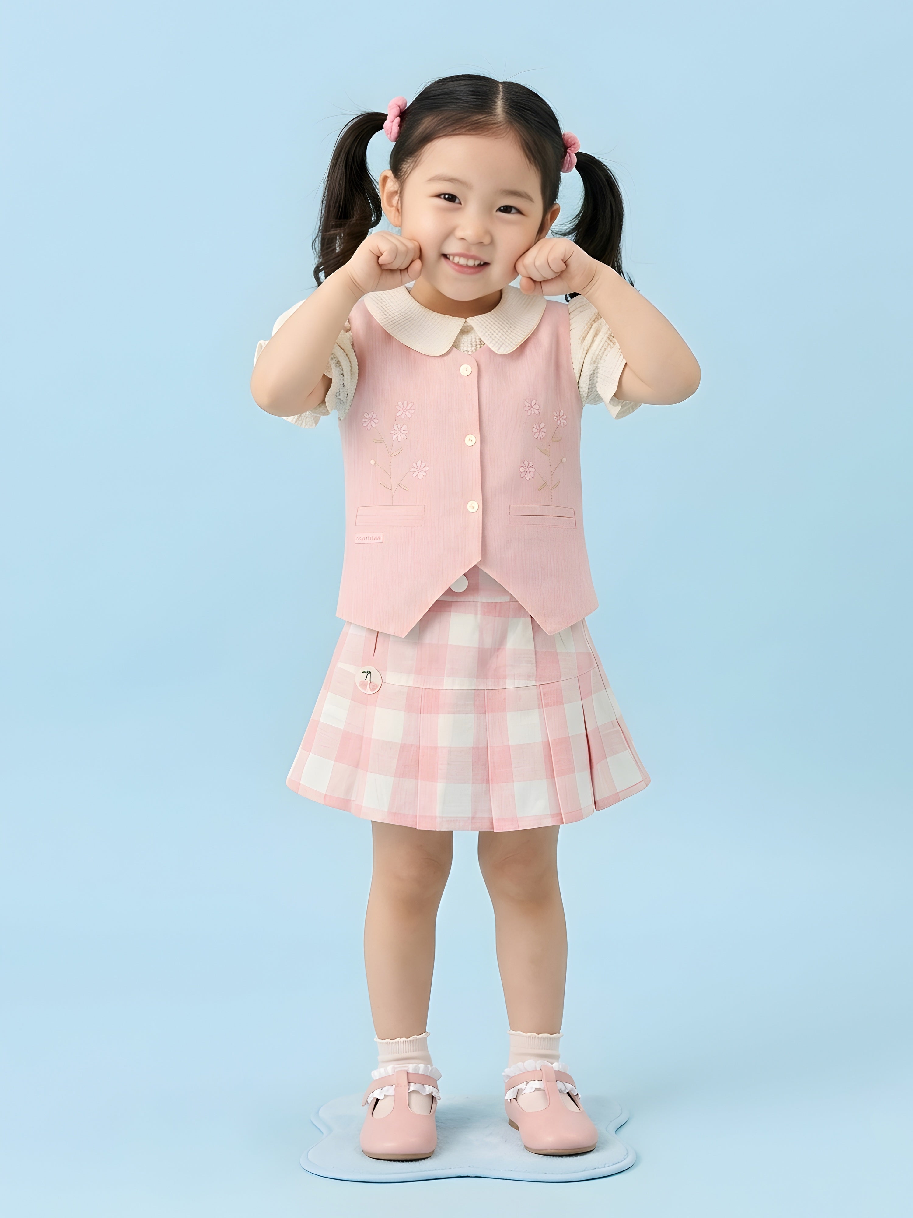 Girls Vest & Checkered Skirt Set with Top