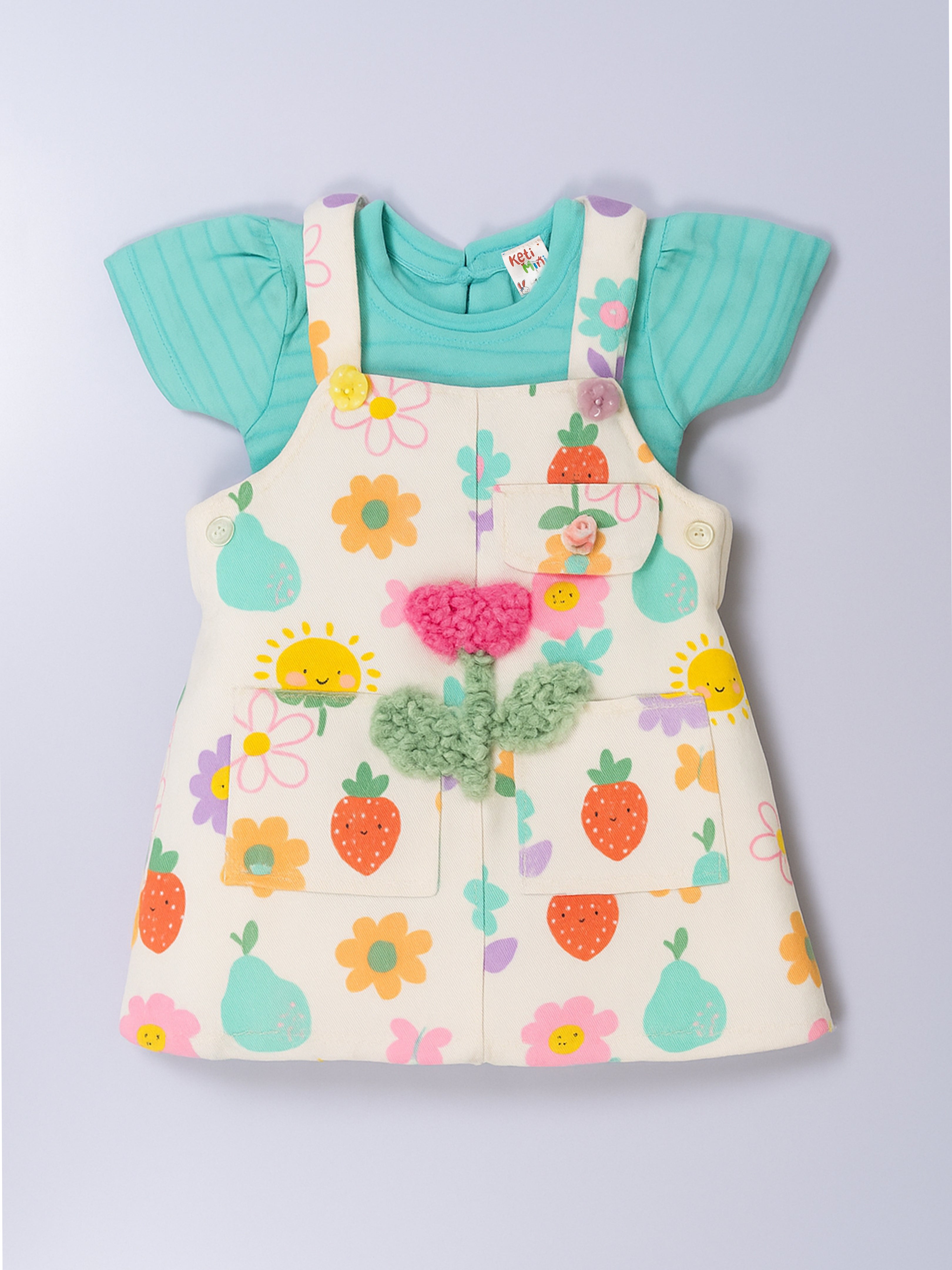 Girls’ Dungaree Dress Set with Short Sleeve T-Shirt