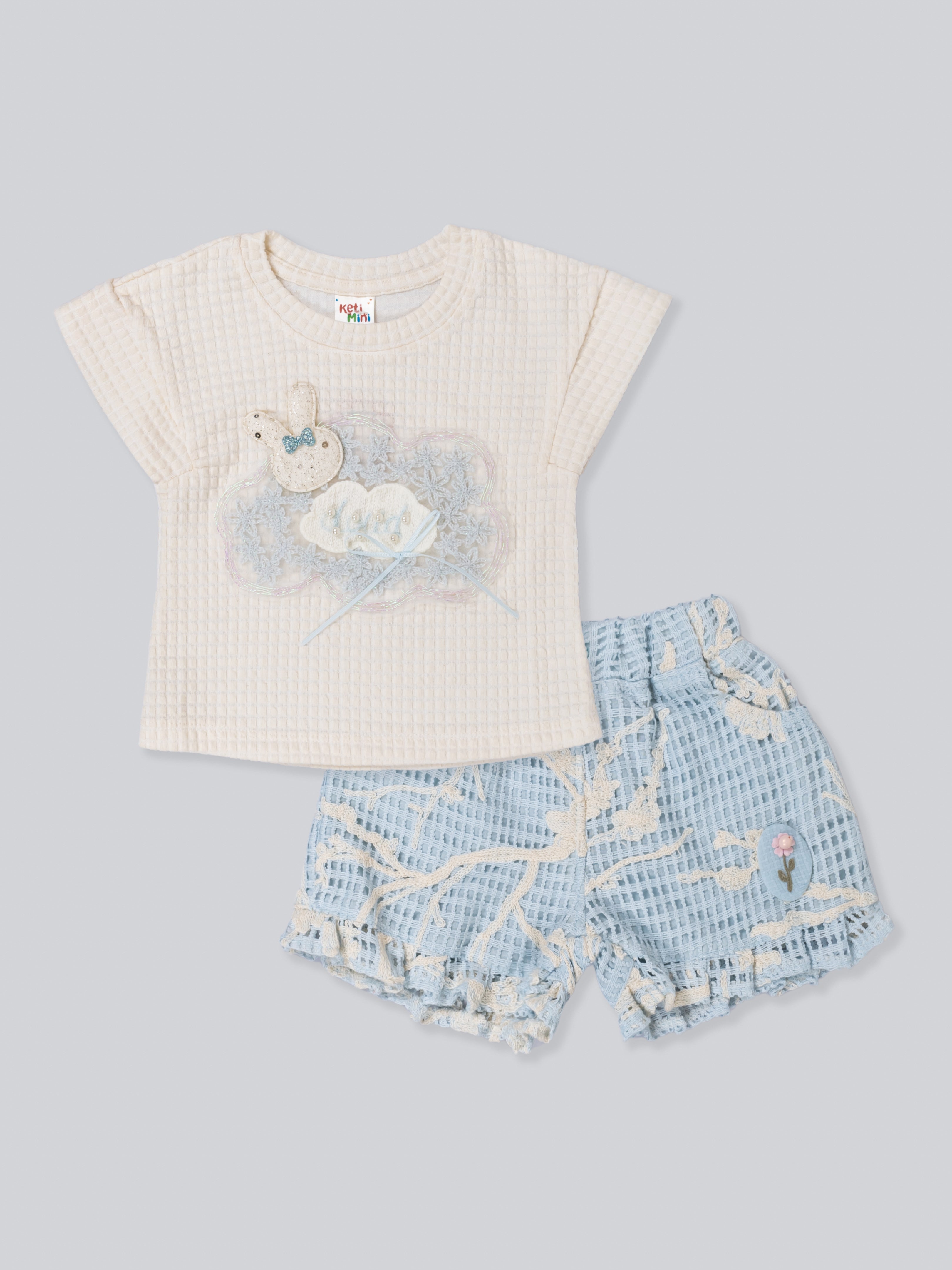 Girl’s Waffle Knit Top & Lace Ruffle Short Set