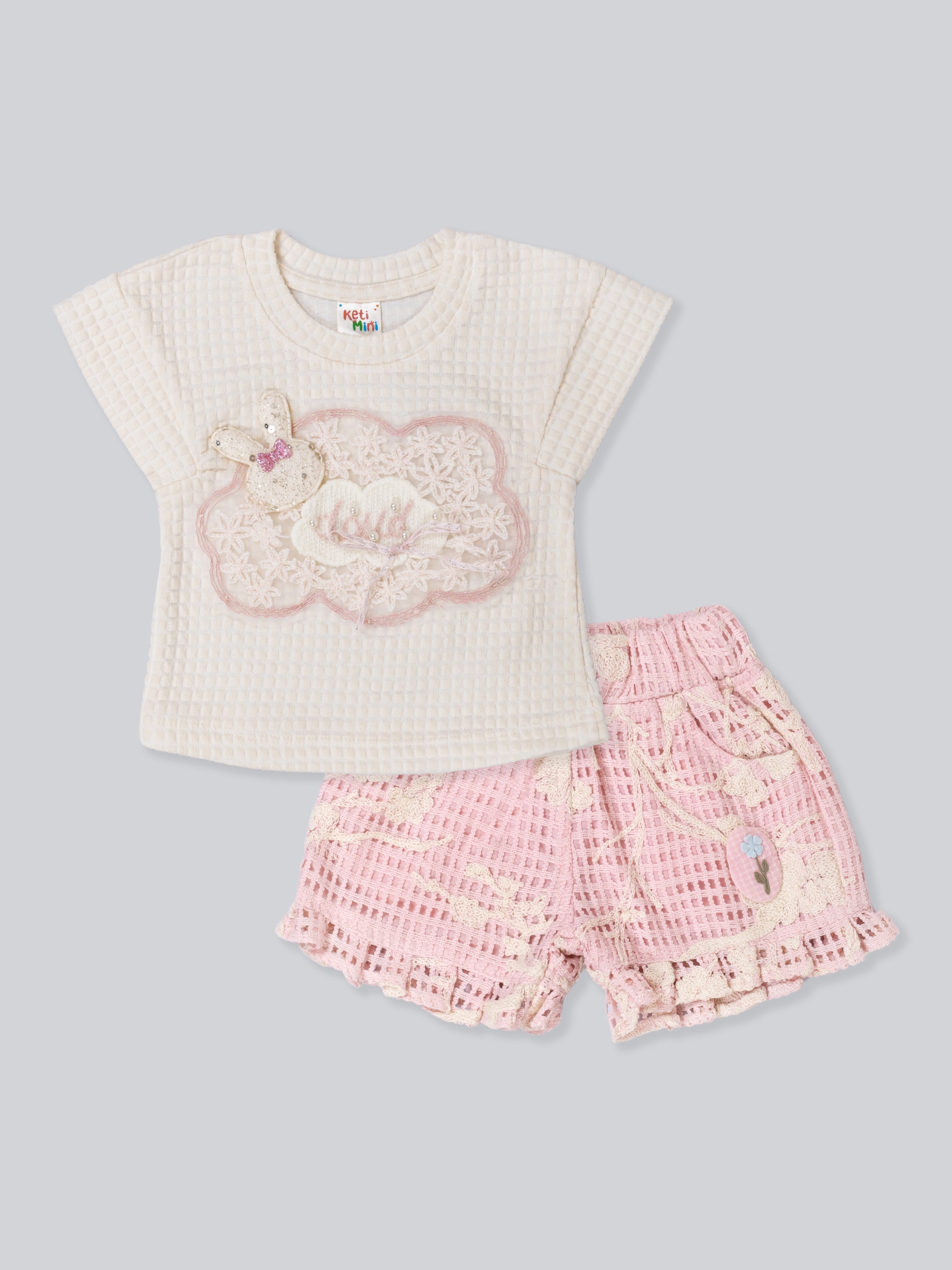 Girl’s Waffle Knit Top & Lace Ruffle Short Set