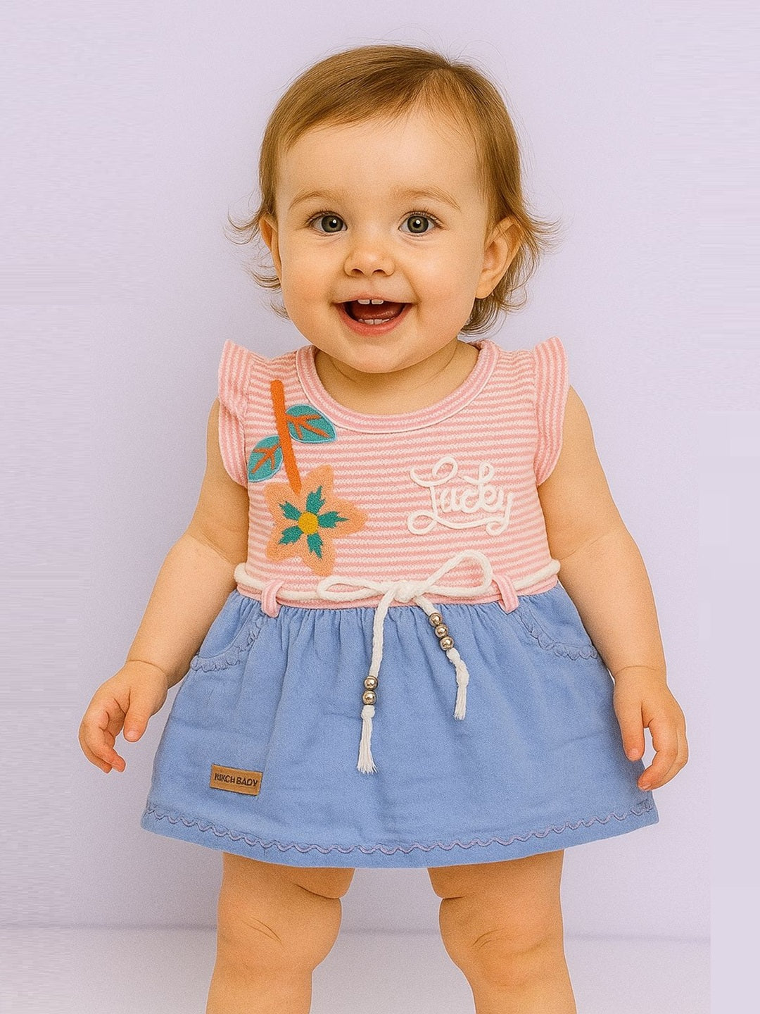 KIKO Infant Girls Striped Applique Fit & Flare Dress