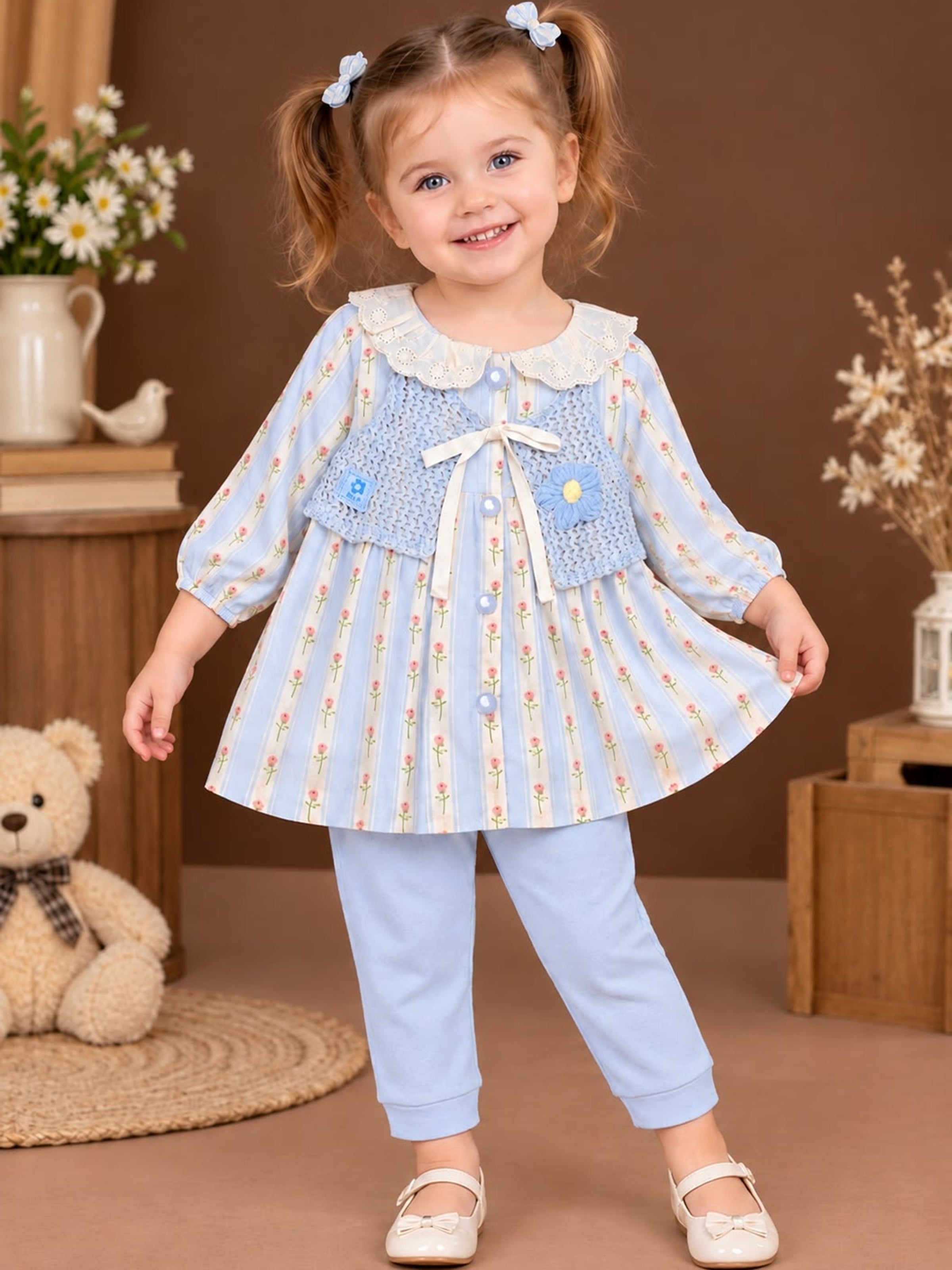 Baby Girls Floral Print Top with Knit Vest & Bottom Set