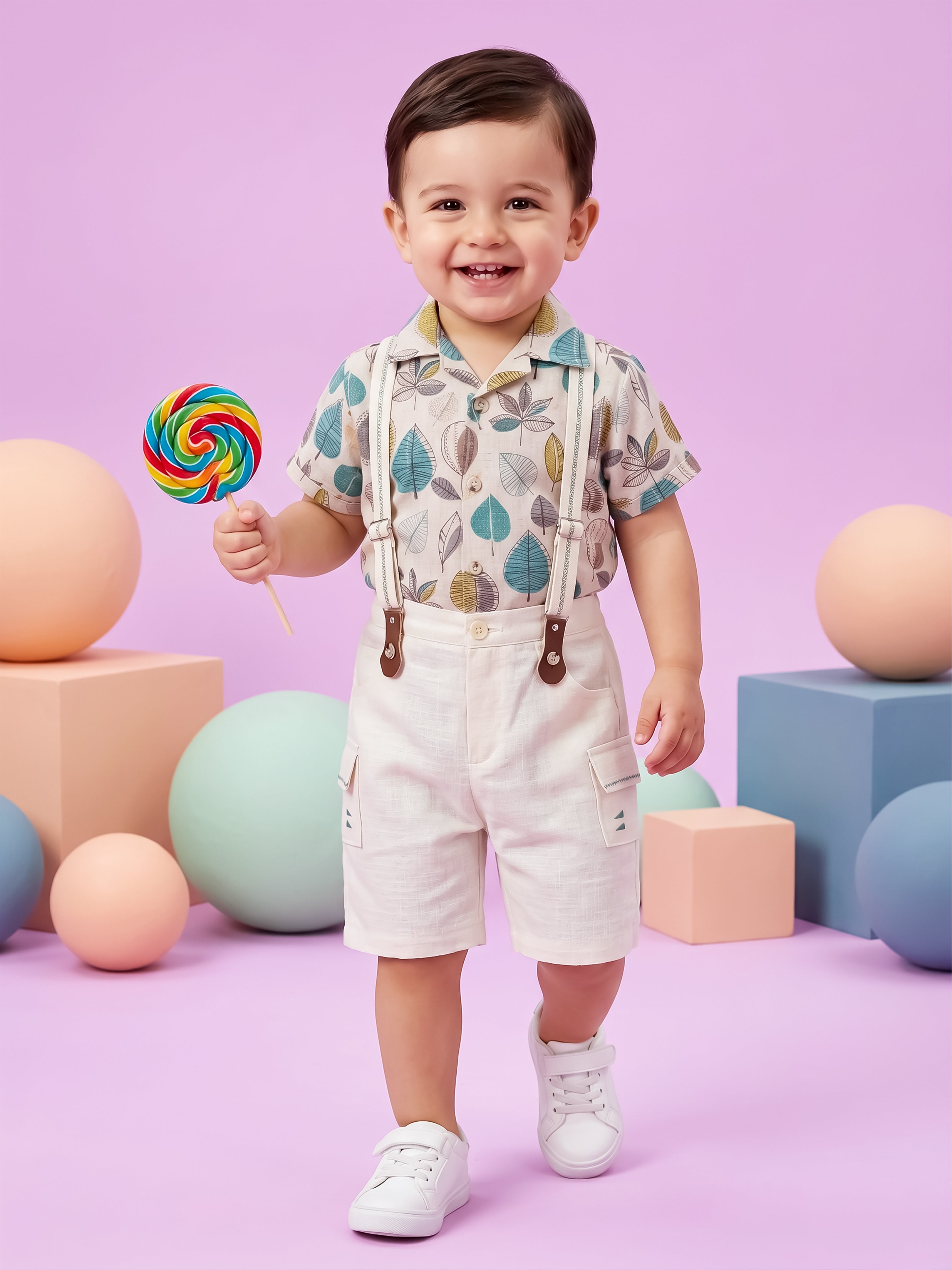 Boys Trendy Leaf Print Suspender Clothing Set