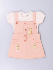 Girls’ Dungaree Dress Set with Teddy Bear Applique