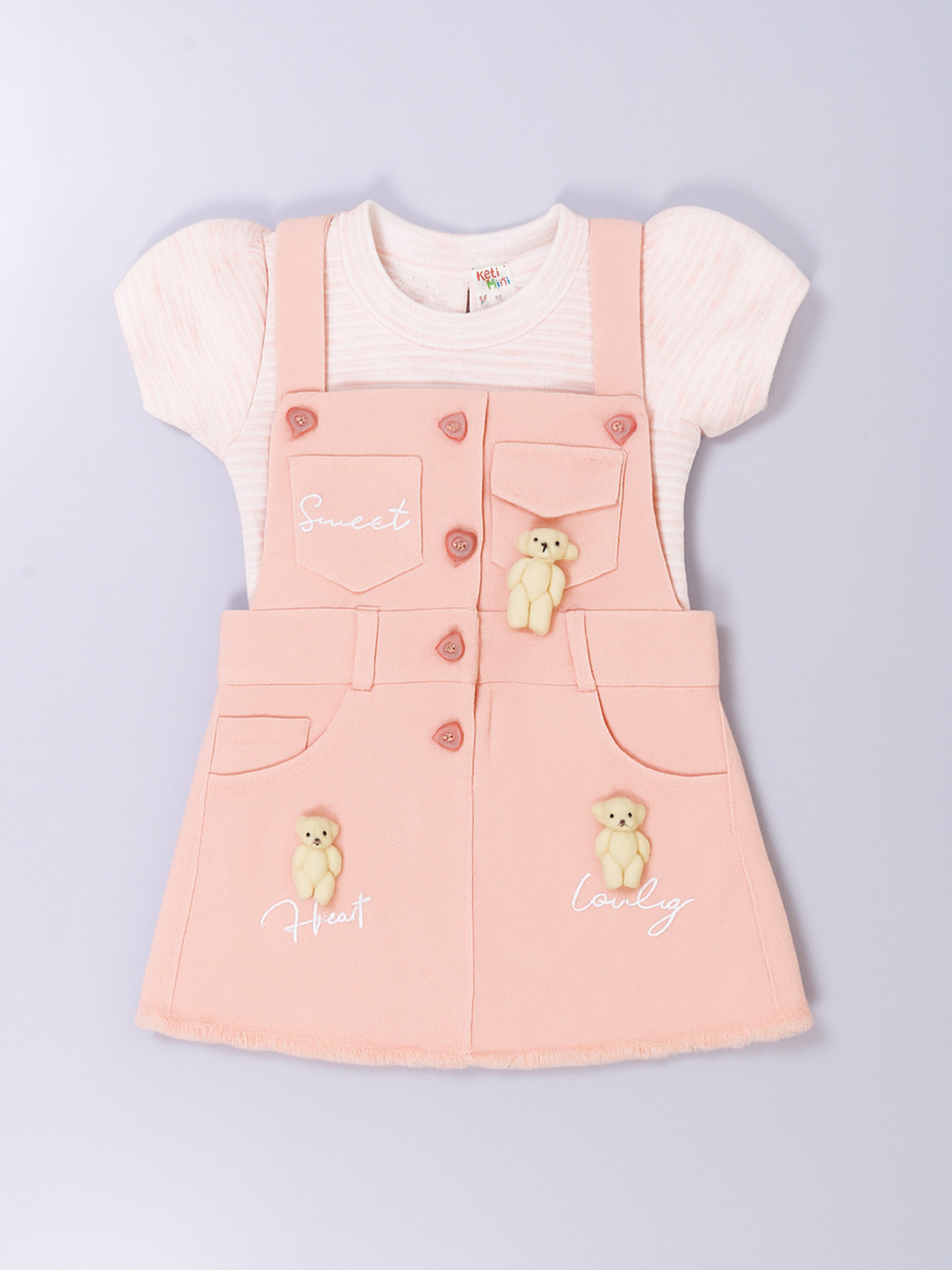 Girls’ Dungaree Dress Set with Teddy Bear Applique