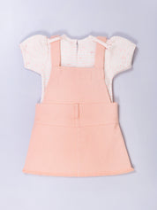 Girls’ Dungaree Dress Set with Teddy Bear Applique