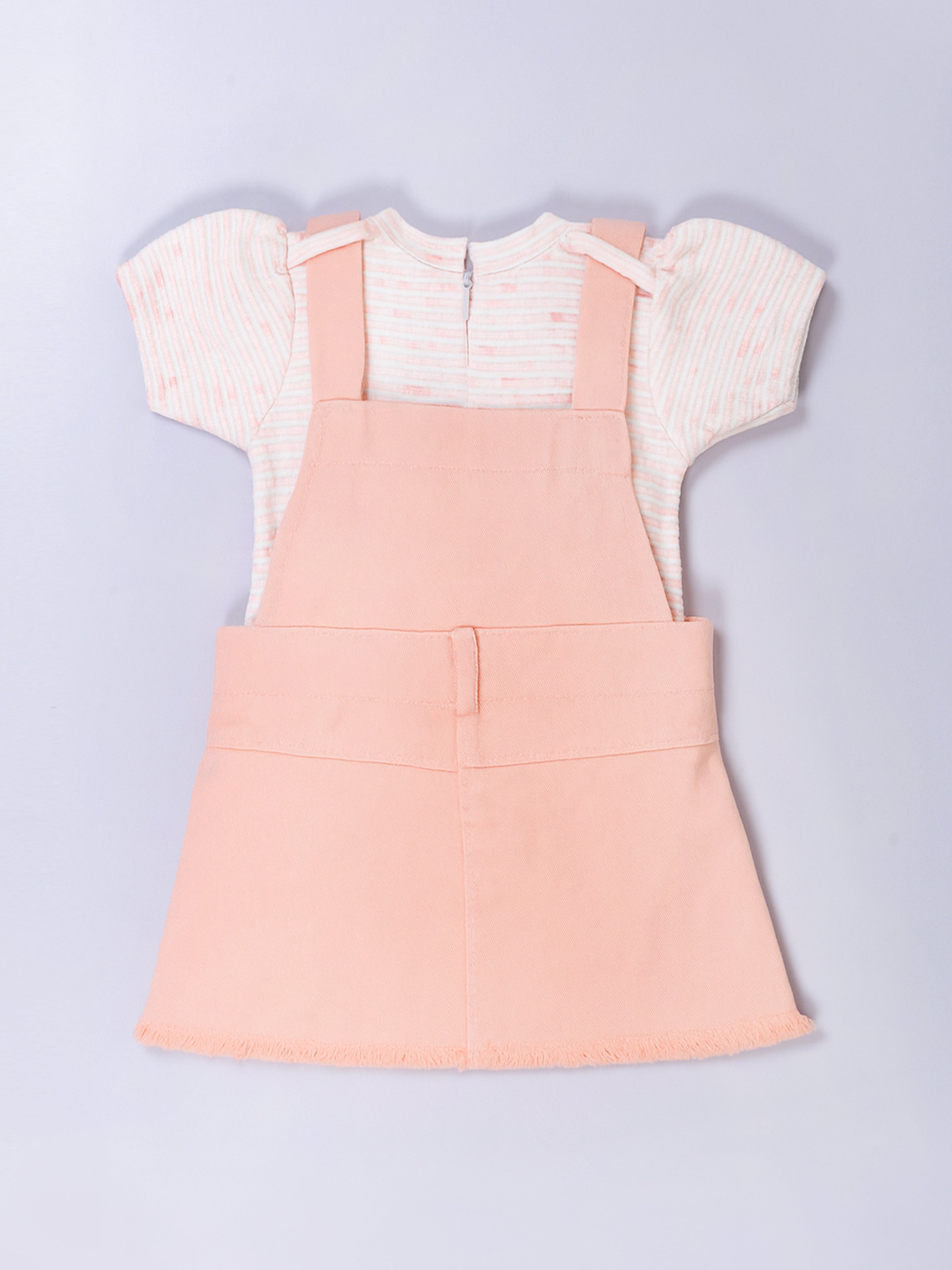 Girls’ Dungaree Dress Set with Teddy Bear Applique