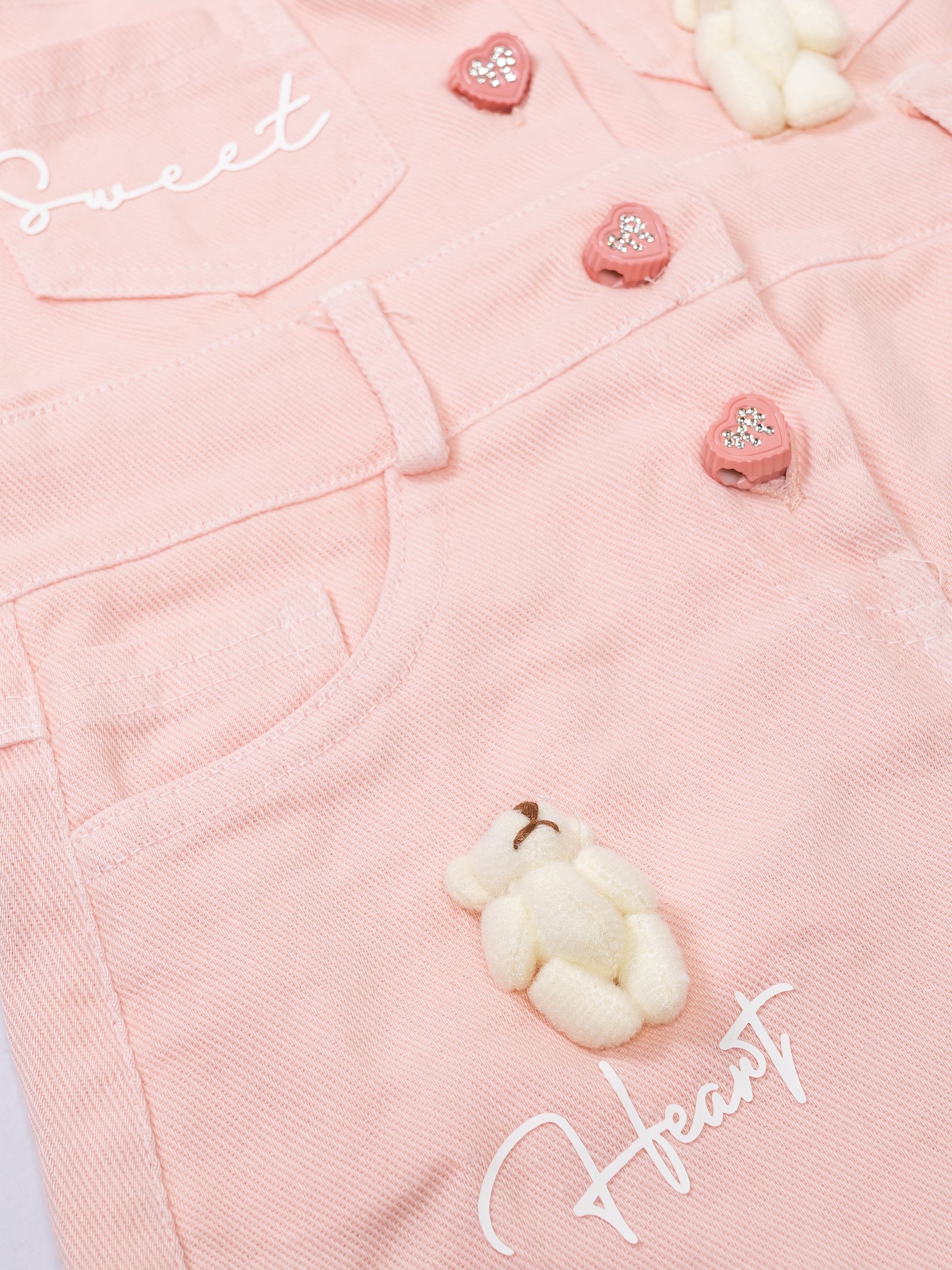 Girls’ Dungaree Dress Set with Teddy Bear Applique
