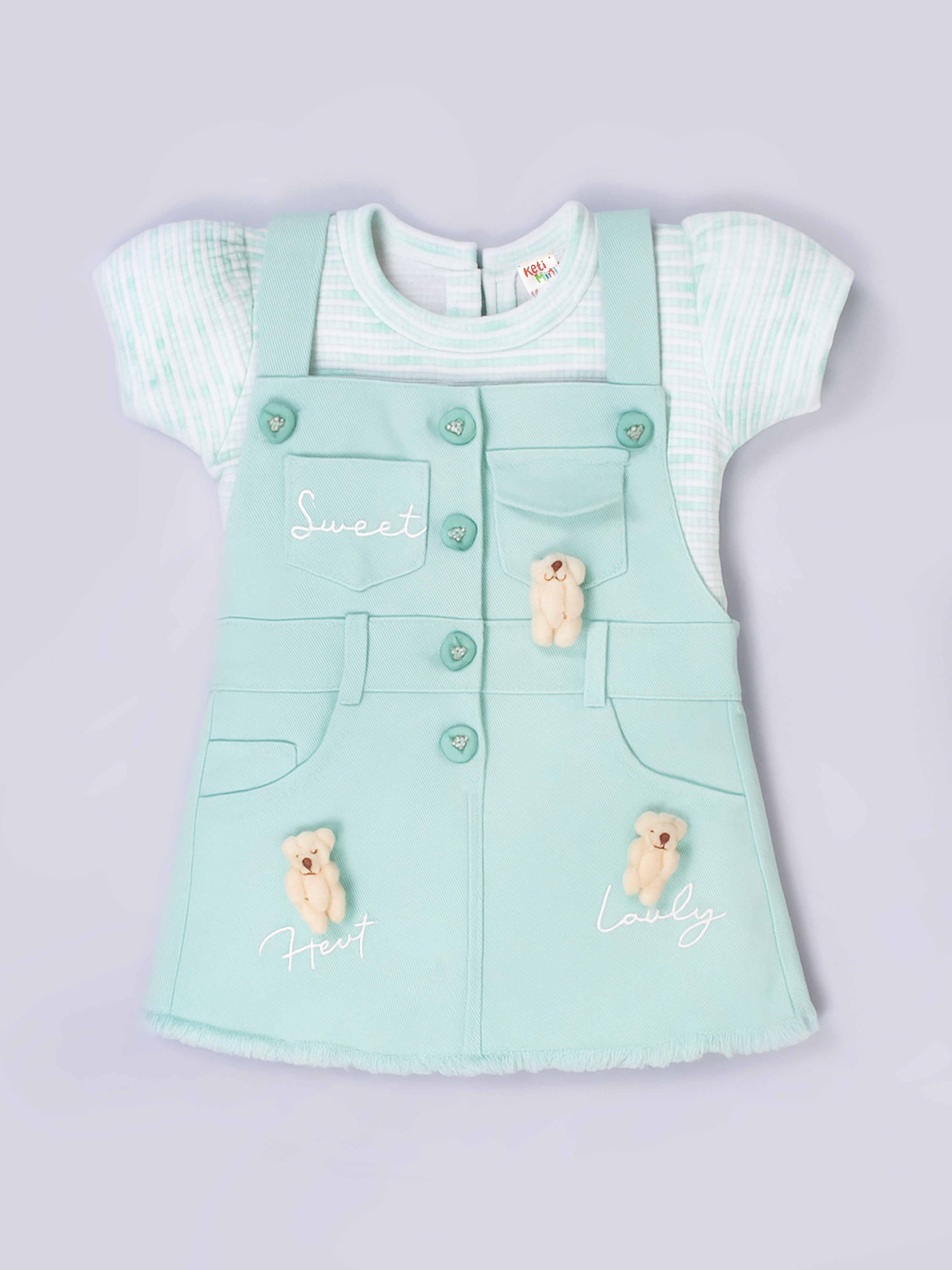 Girls’ Dungaree Dress Set with Teddy Bear Applique