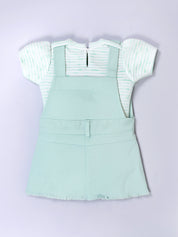 Girls’ Dungaree Dress Set with Teddy Bear Applique
