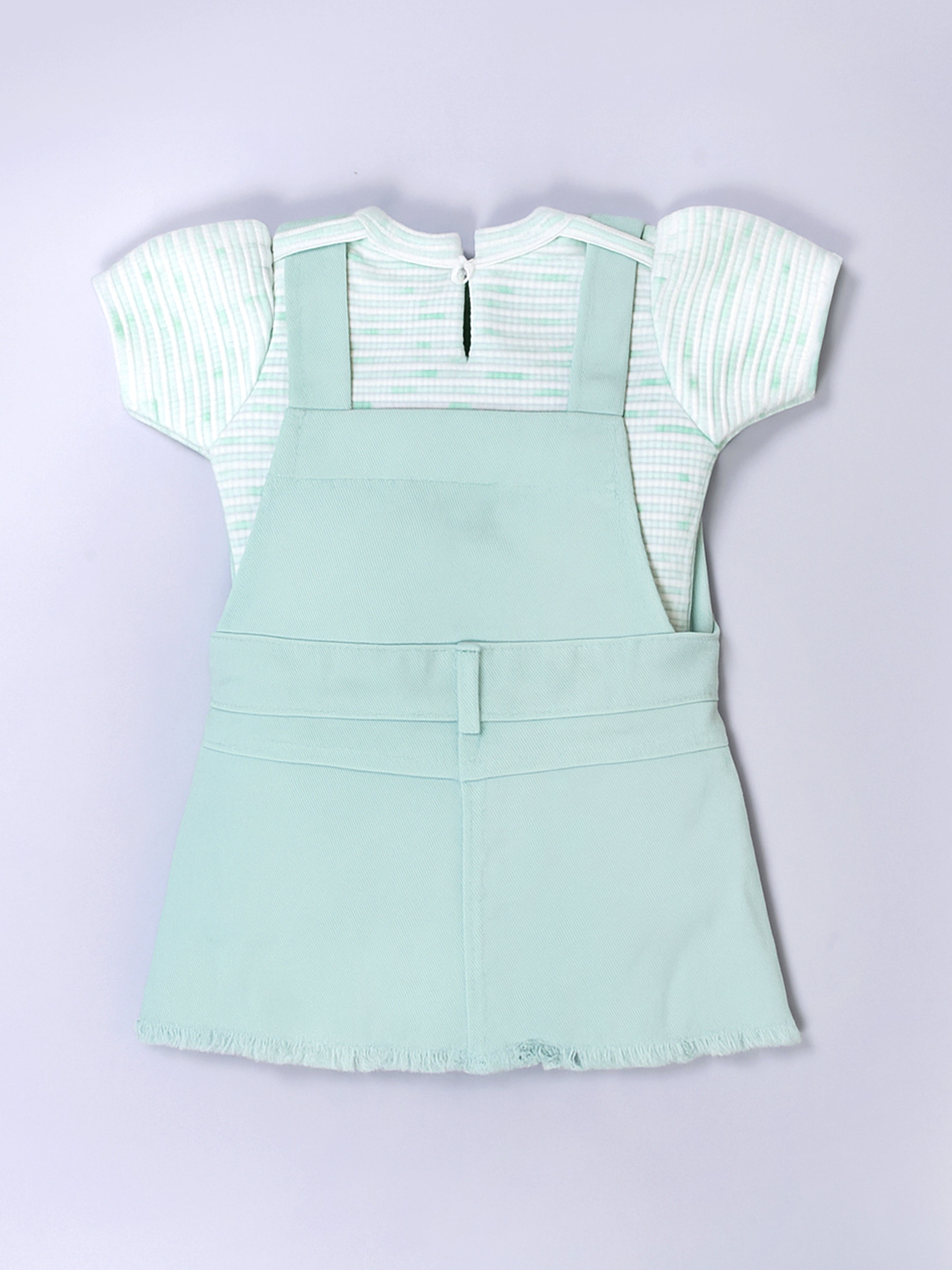 Girls’ Dungaree Dress Set with Teddy Bear Applique