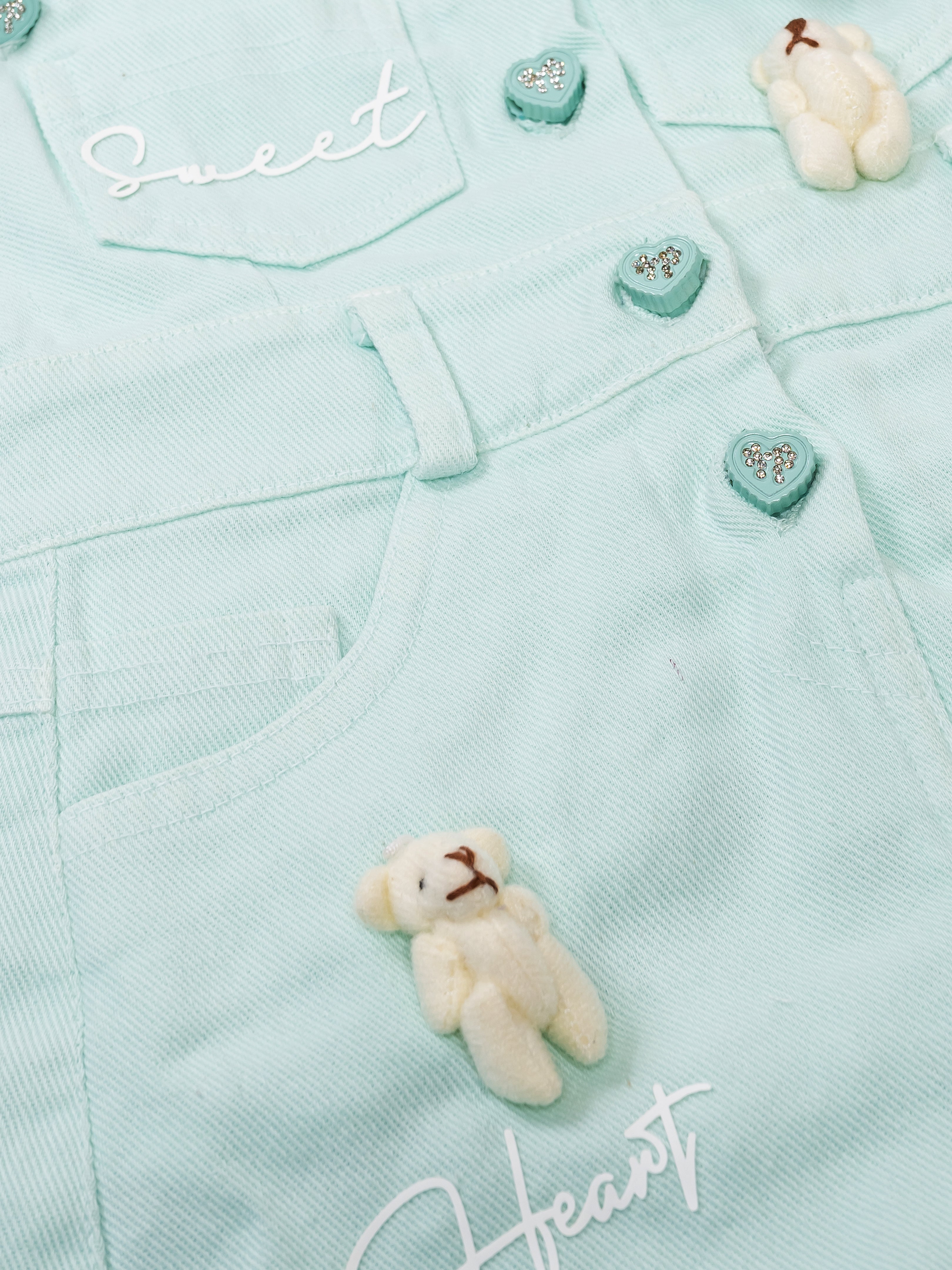 Girls’ Dungaree Dress Set with Teddy Bear Applique
