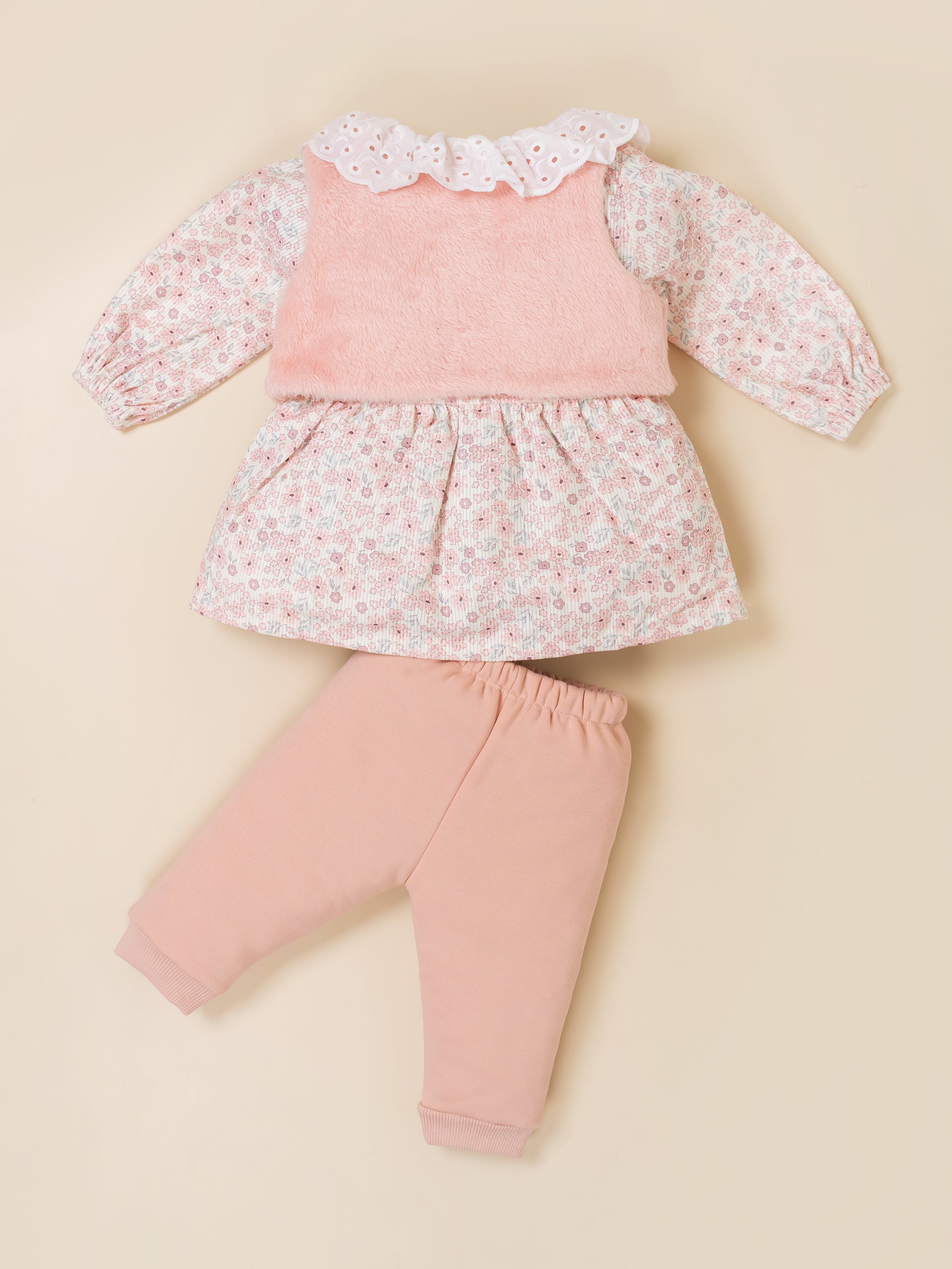 Baby Girls Floral Printed Top with Jacket & Bottom Set