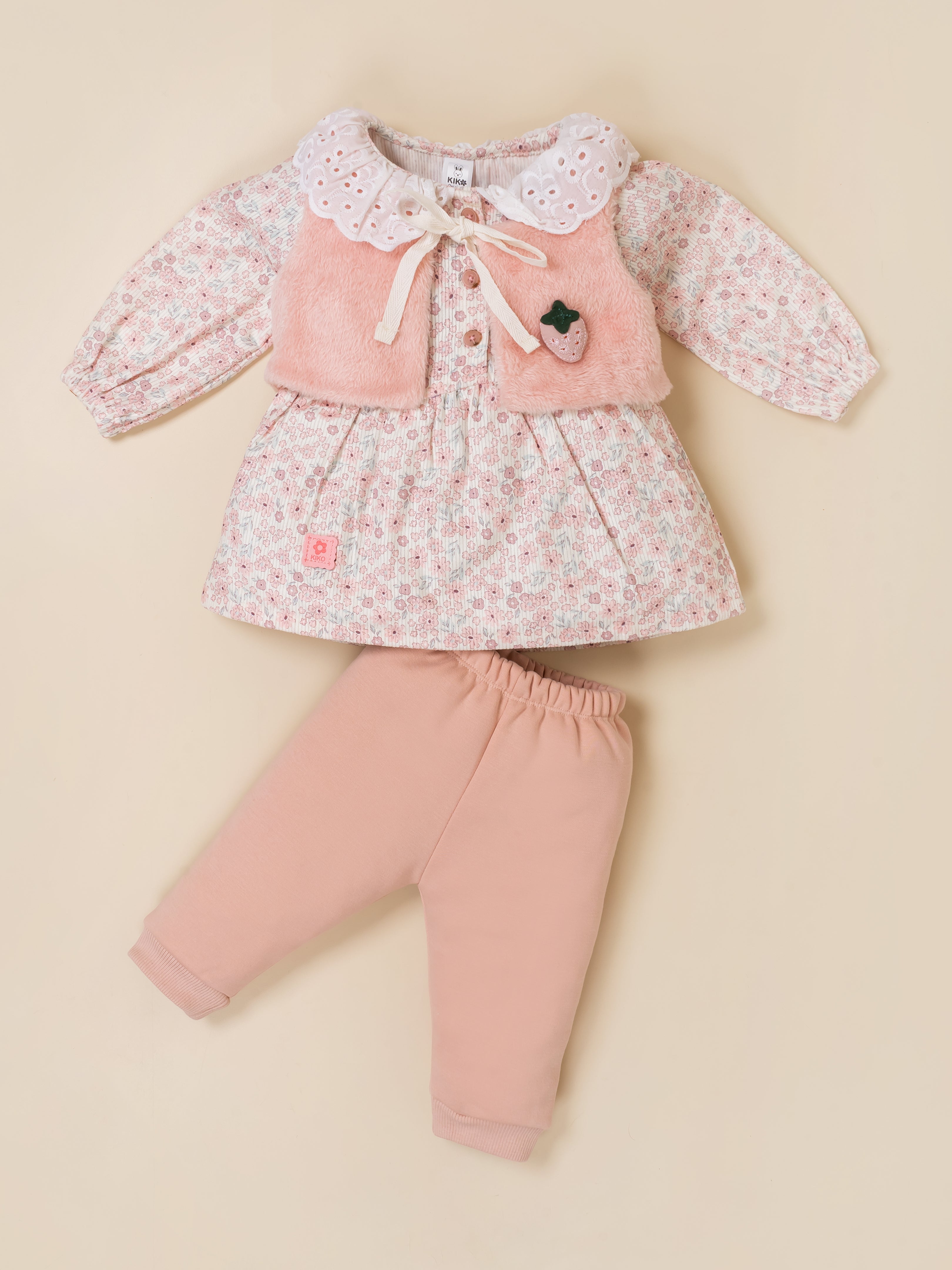 Baby Girls Floral Printed Top with Jacket & Bottom Set