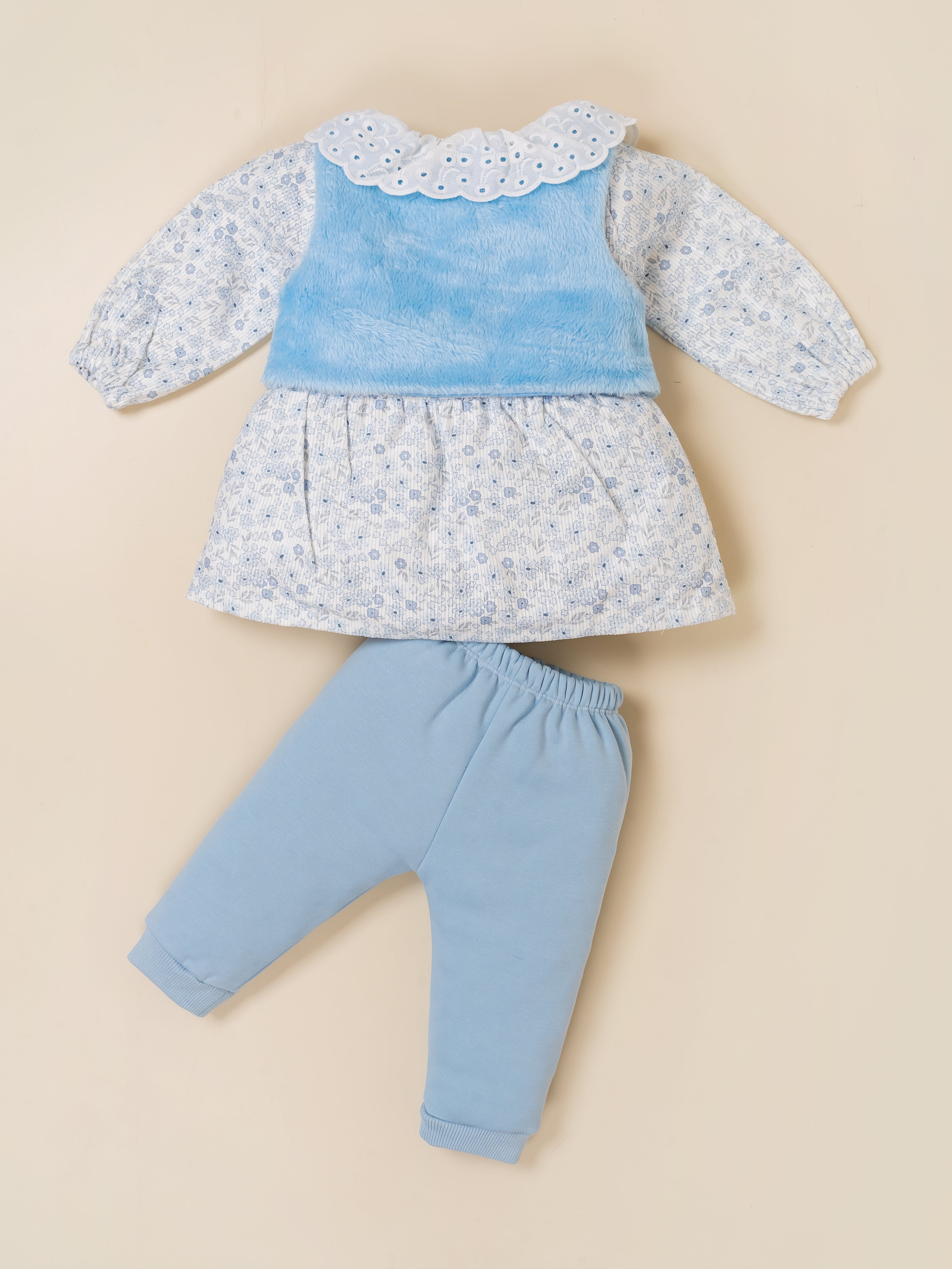 Baby Girls Floral Printed Top with Jacket & Bottom Set