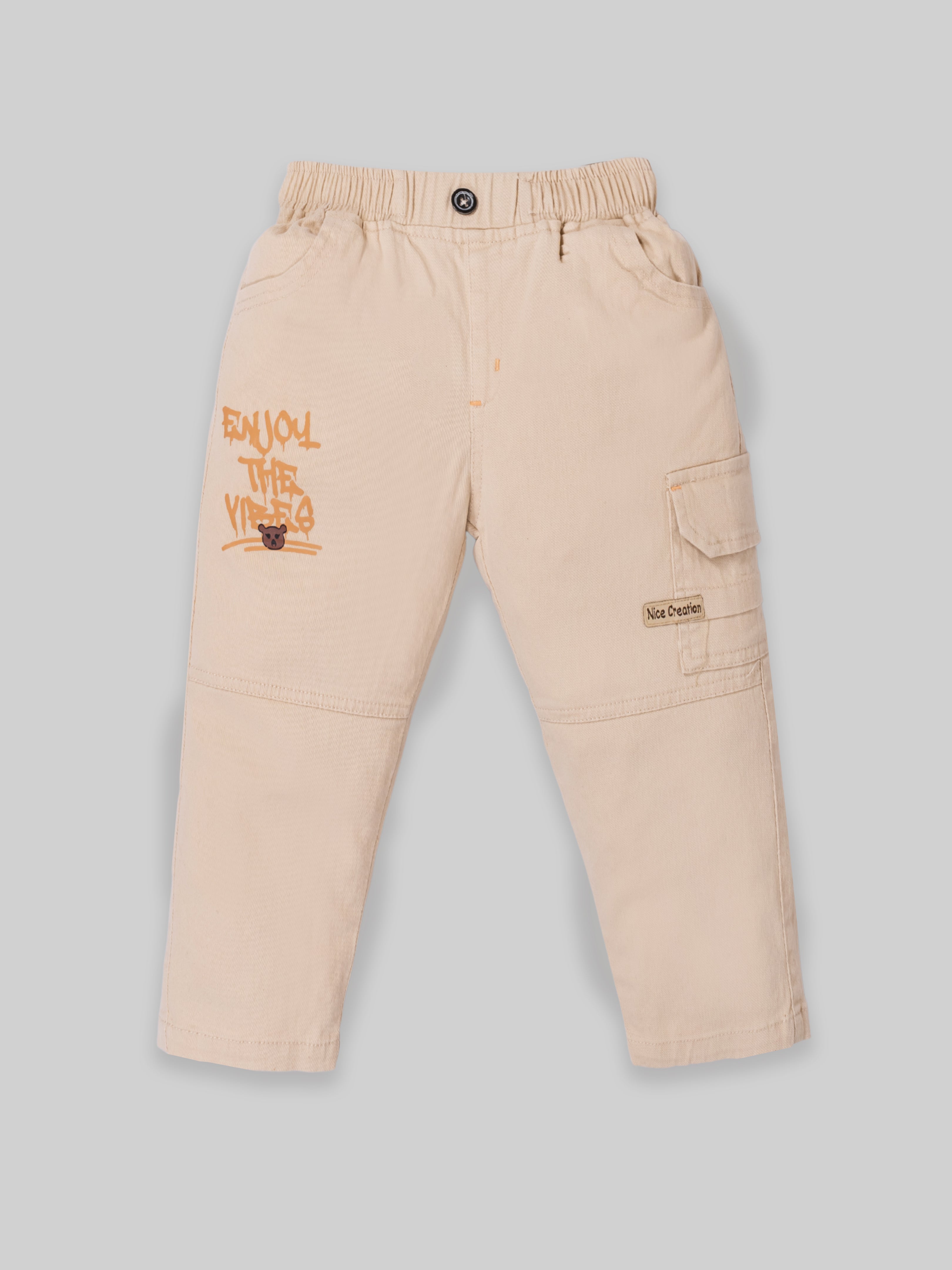 Boys Teddy Bear Printed Sweatshirt & Cargo Pants Set | Cream & Orange