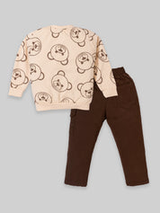 Boys Teddy Bear Printed Sweatshirt & Cargo Pants Set | Cream & Orange
