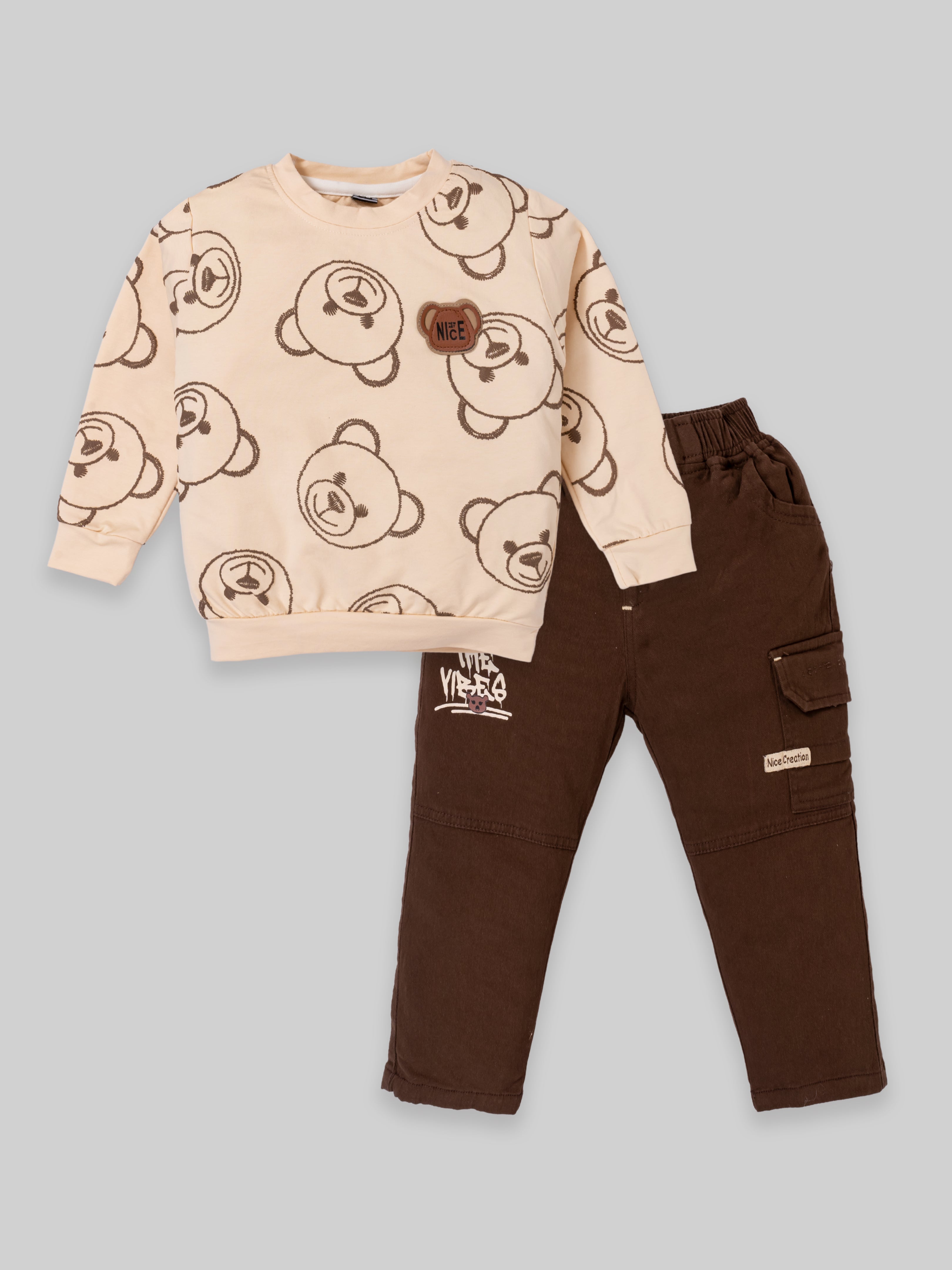 Boys Teddy Bear Printed Sweatshirt & Cargo Pants Set | Cream & Orange