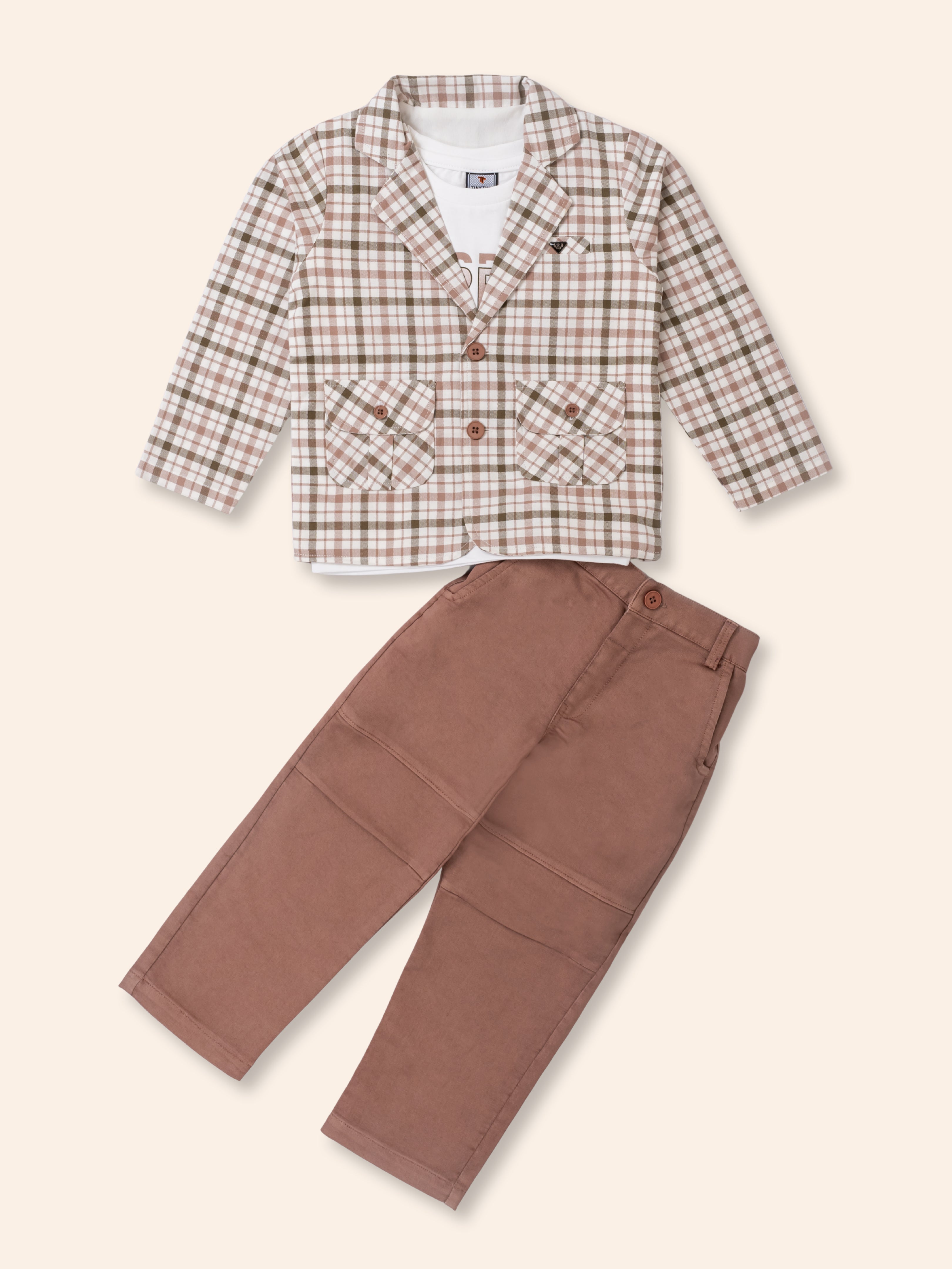 Boys' 3-Piece Brown Plaid Blazer Set