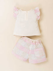 Girls Printed Knit Top with Woven Check Shorts