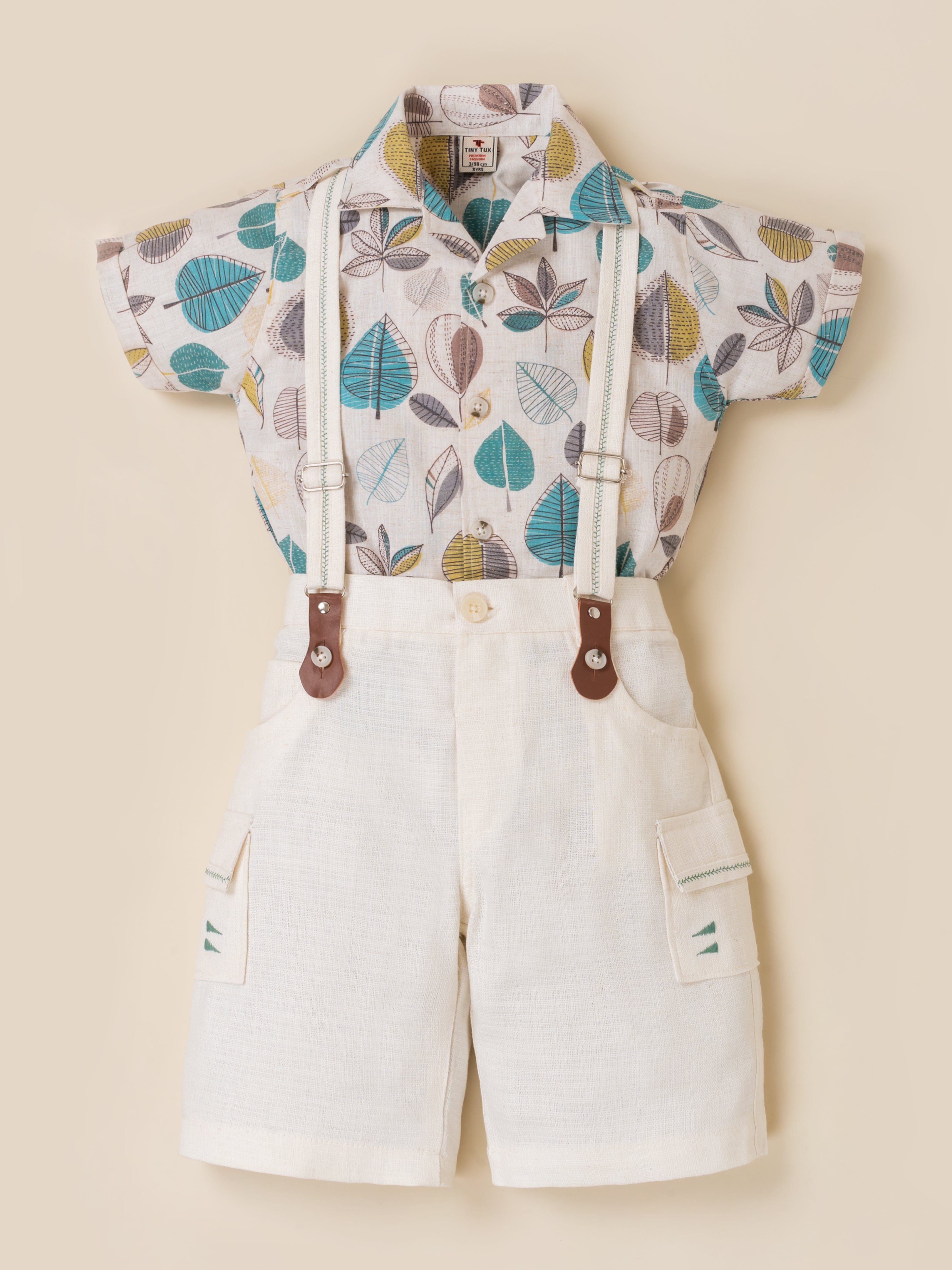 Boys Trendy Leaf Print Suspender Clothing Set