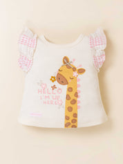 Girls Printed Knit Top with Woven Check Shorts