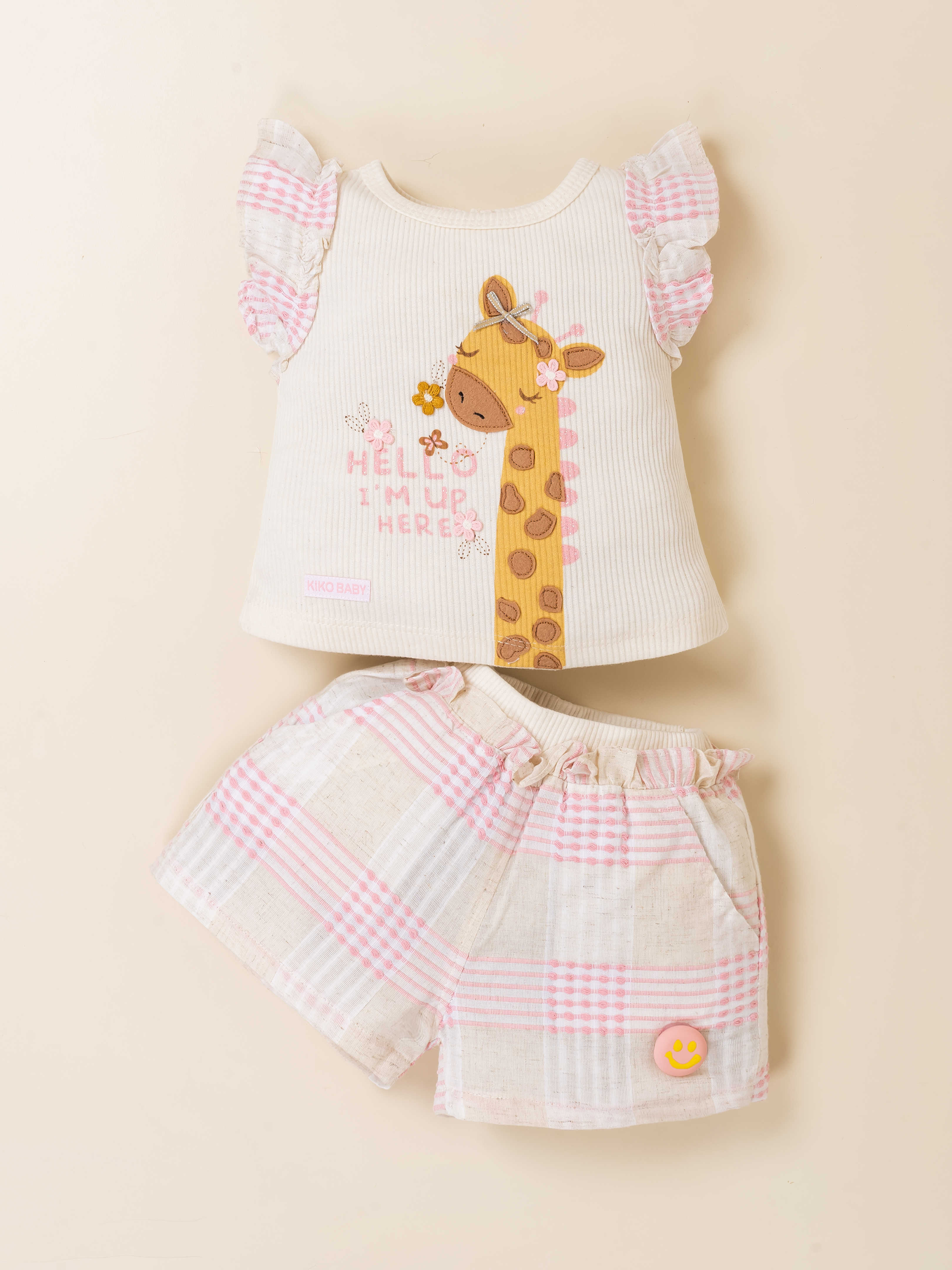 Girls Printed Knit Top with Woven Check Shorts