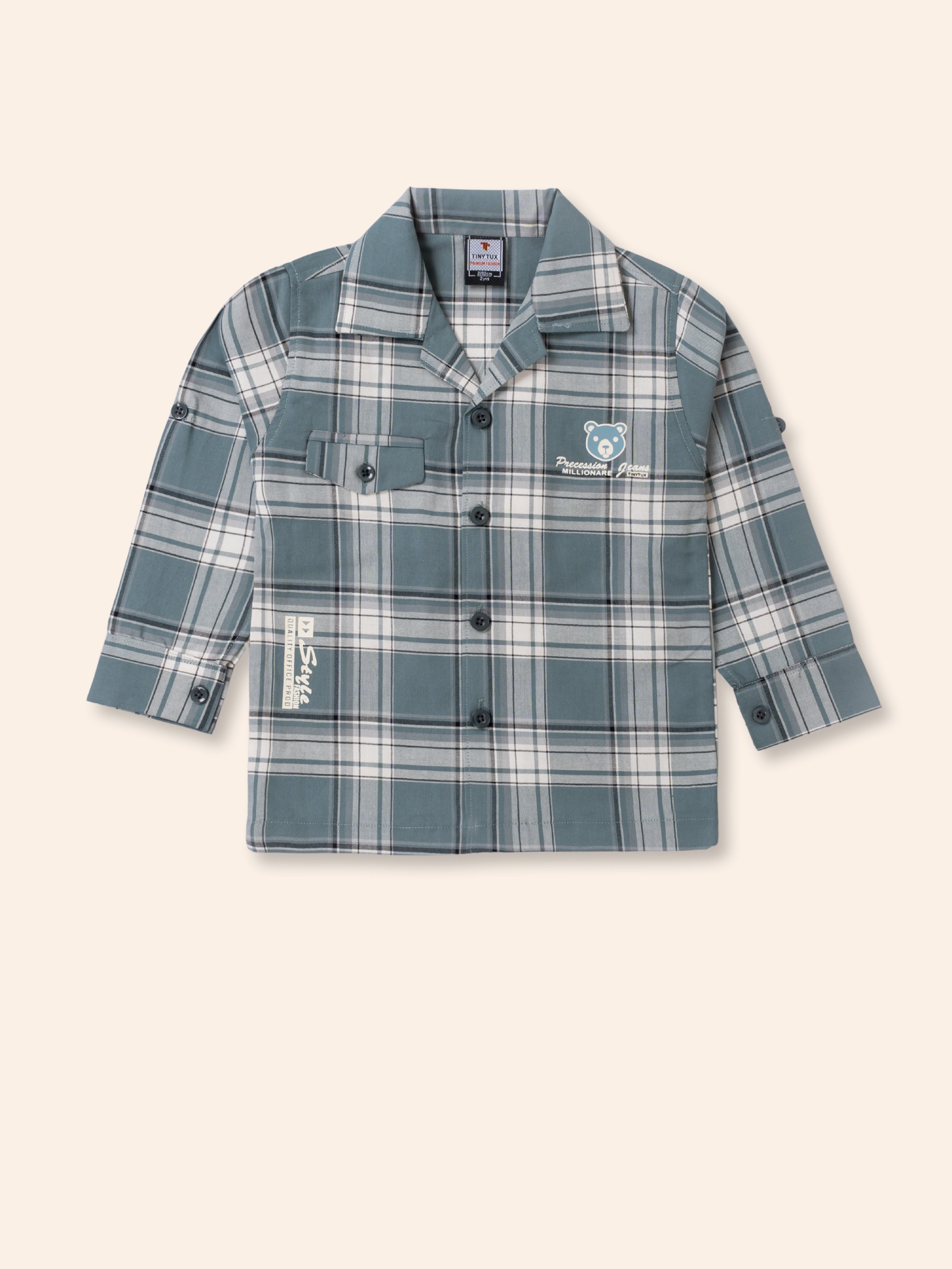 Stylish Toddler Boy Outfit – Plaid Shirt Jacket, Pants & Graphic T-Shirt