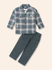 Stylish Toddler Boy Outfit – Plaid Shirt Jacket, Pants & Graphic T-Shirt