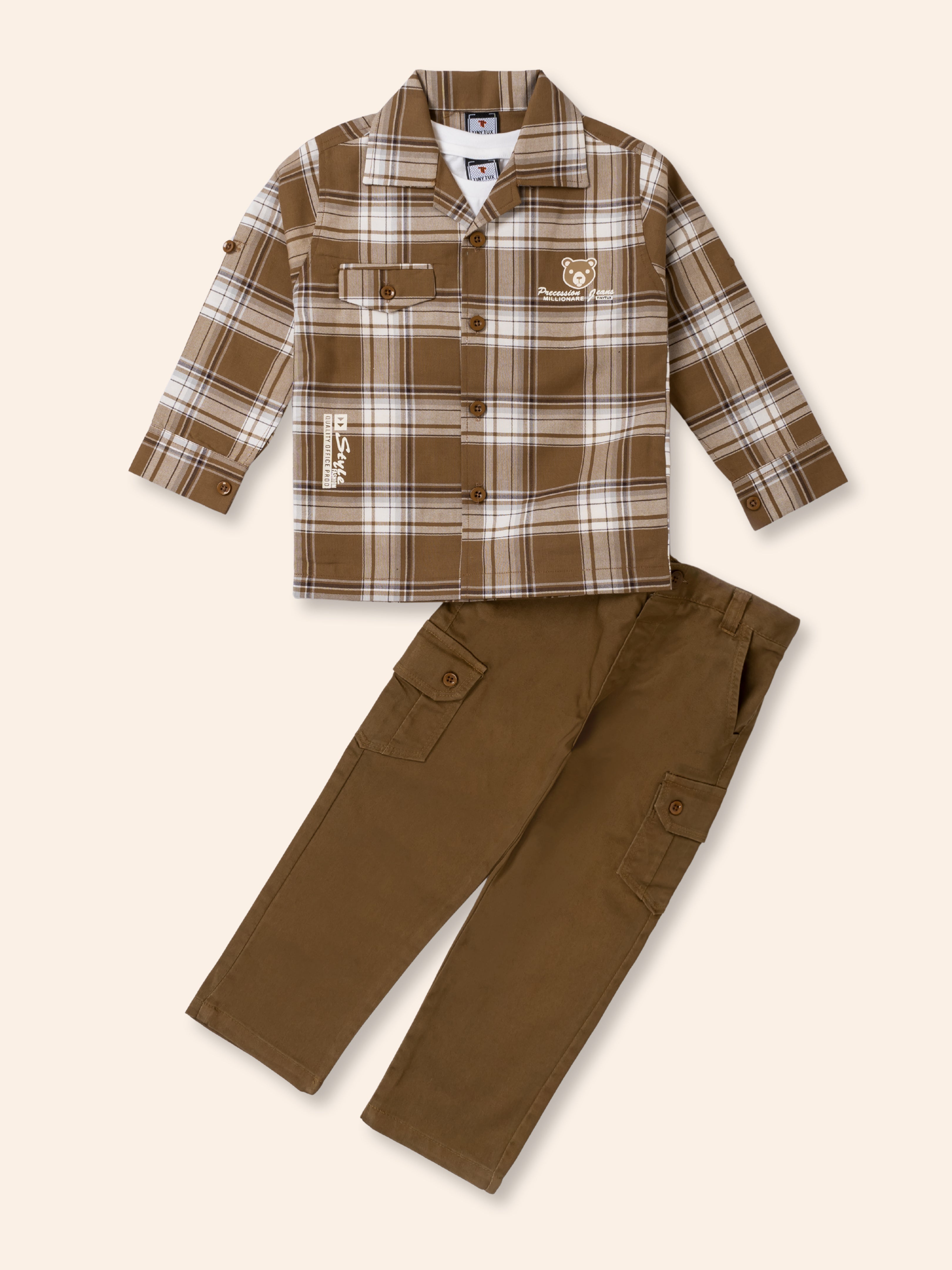 Stylish Toddler Boy Outfit – Plaid Shirt Jacket, Pants & Graphic T-Shirt