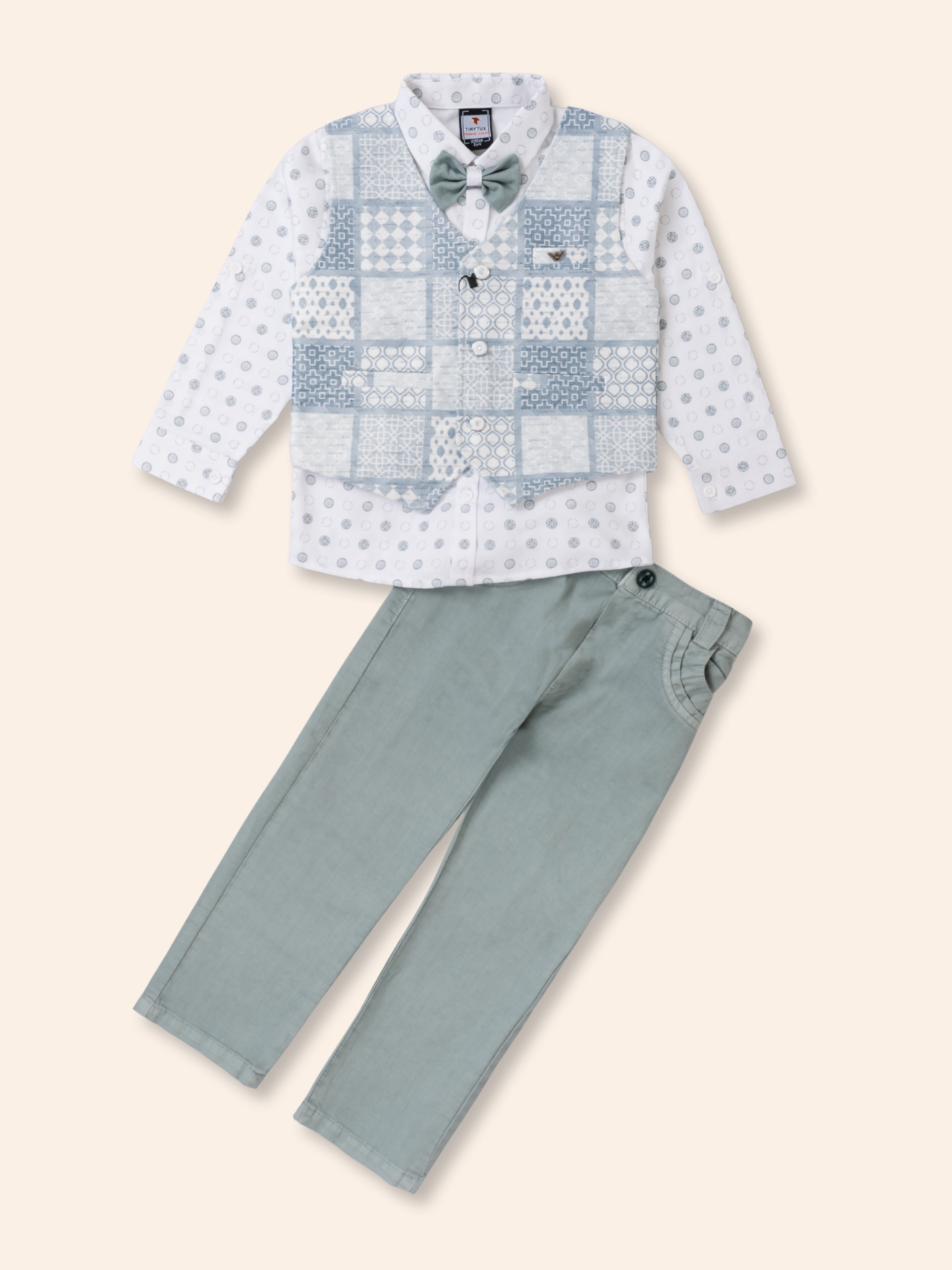 Toddler Boy Gentleman Outfit – Printed Shirt, Vest and Bow Tie Set
