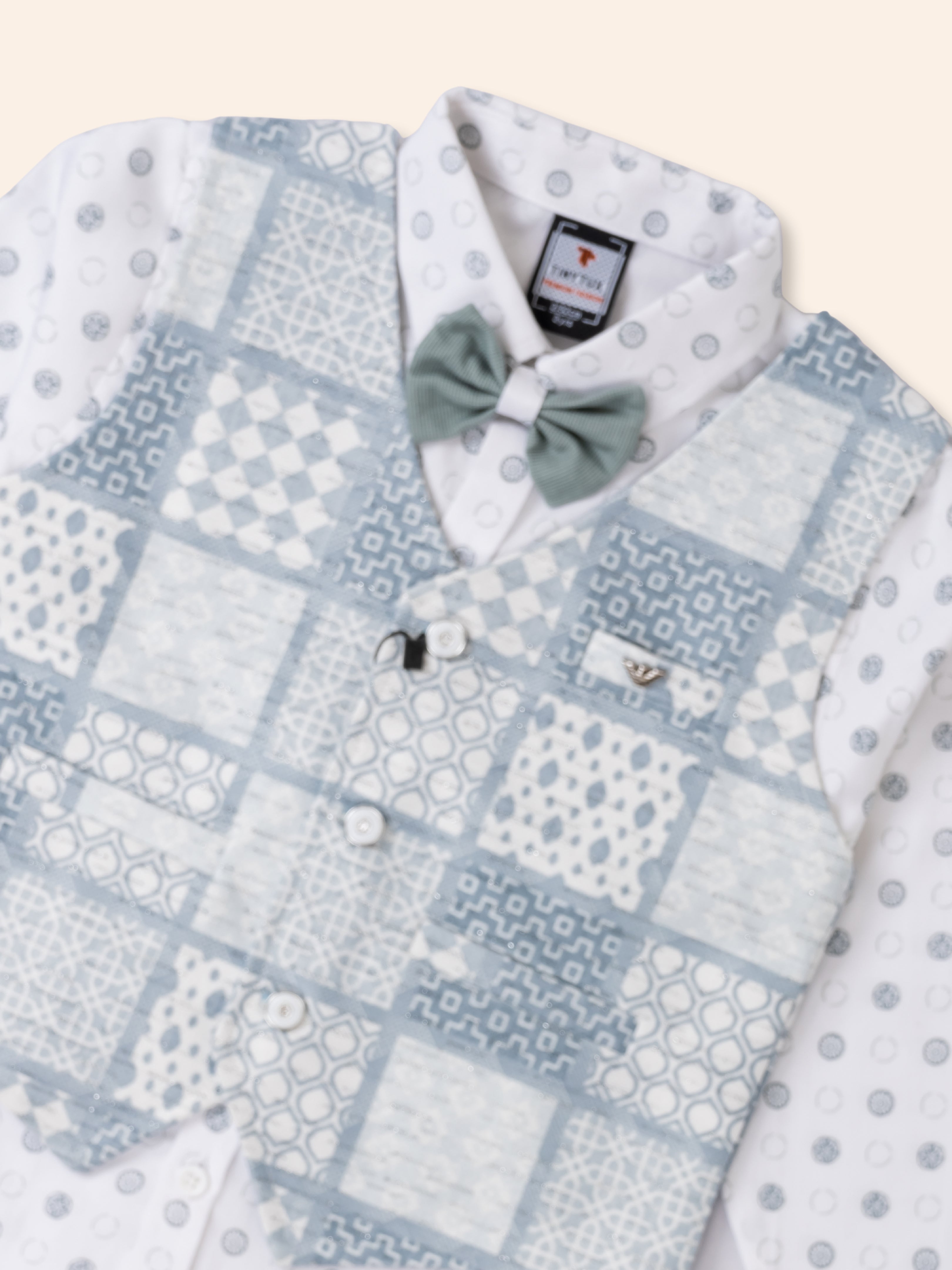Toddler Boy Gentleman Outfit – Printed Shirt, Vest and Bow Tie Set