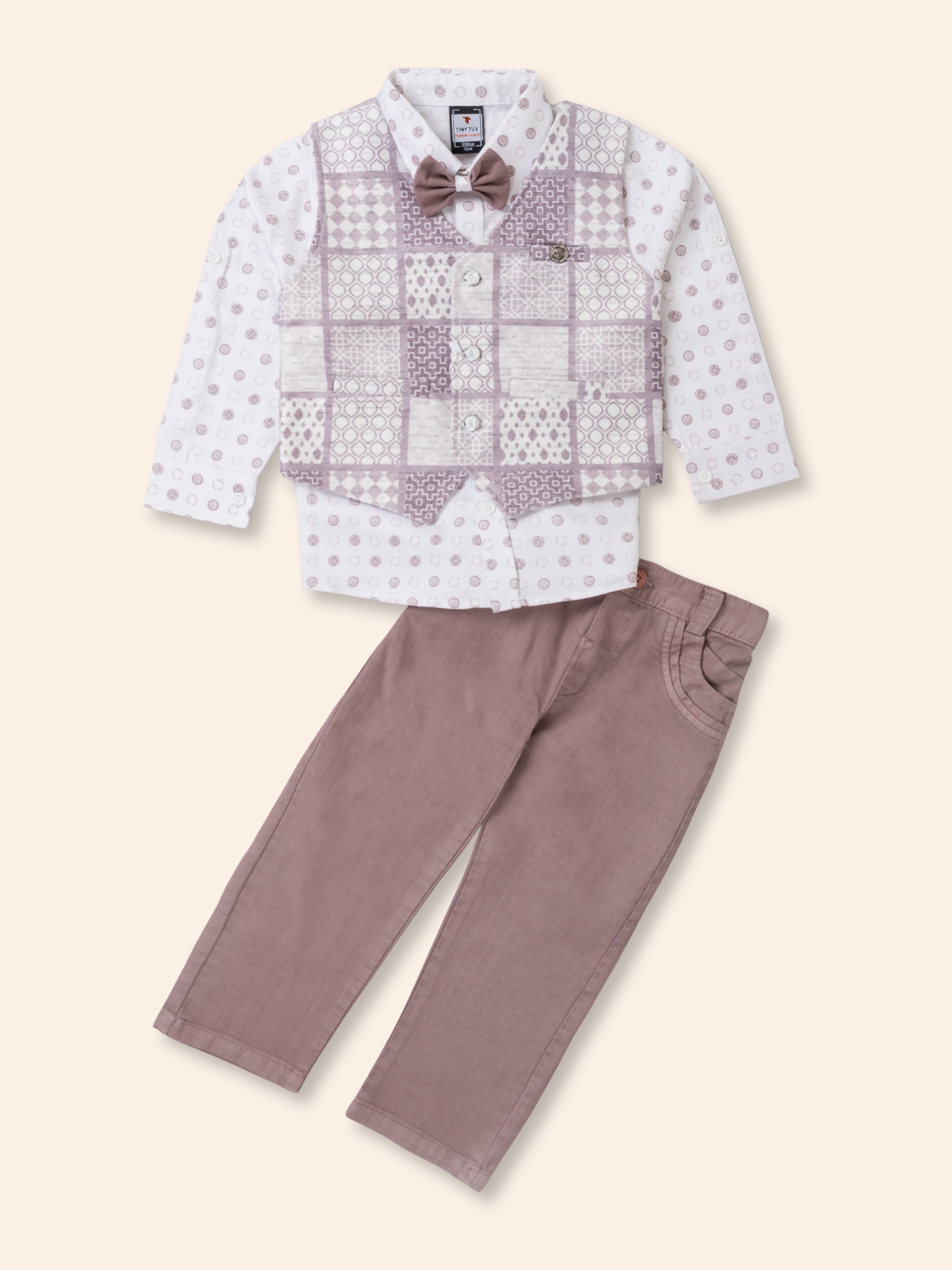 Toddler Boy Gentleman Outfit – Printed Shirt, Vest and Bow Tie Set
