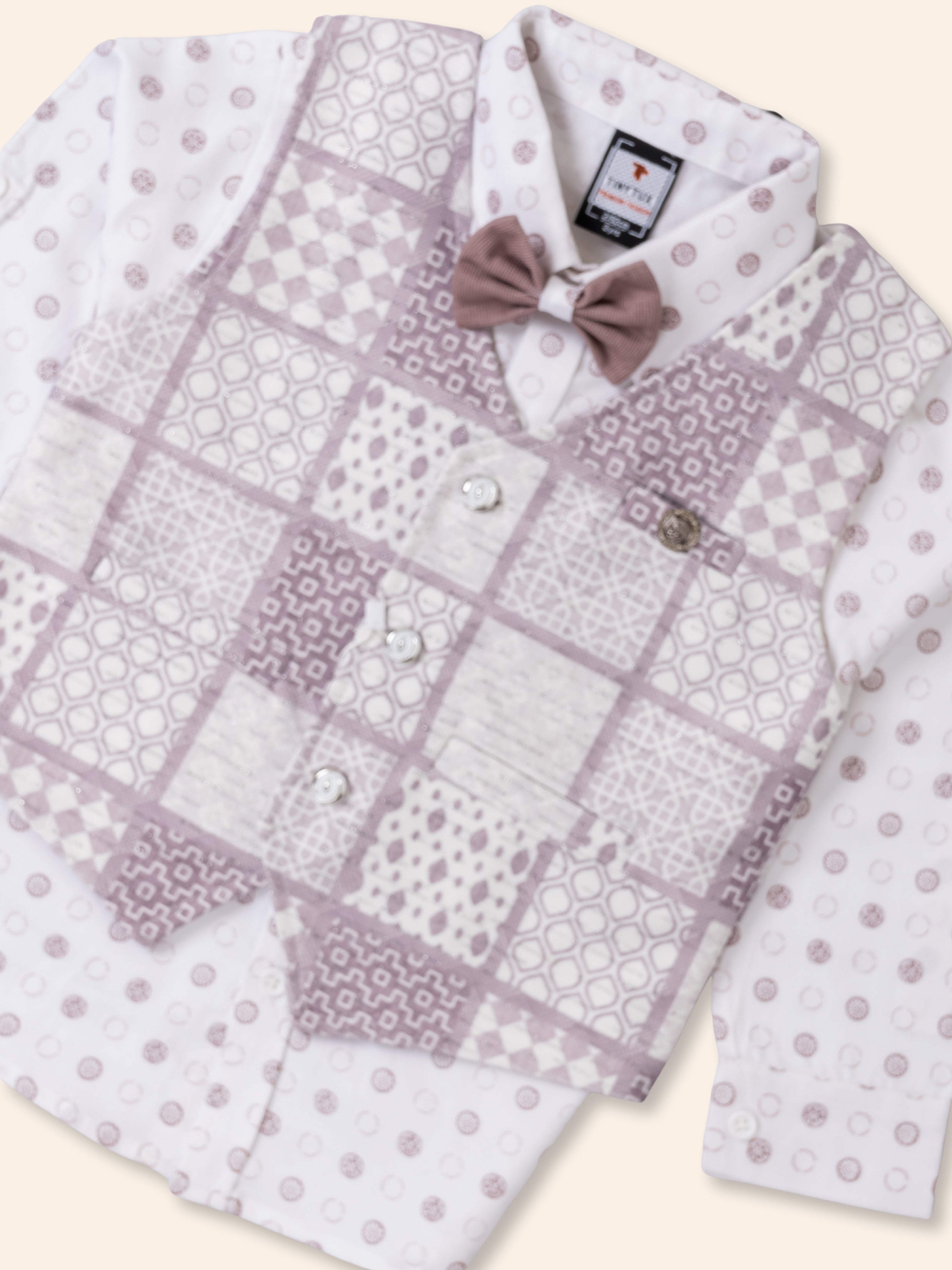 Toddler Boy Gentleman Outfit – Printed Shirt, Vest and Bow Tie Set